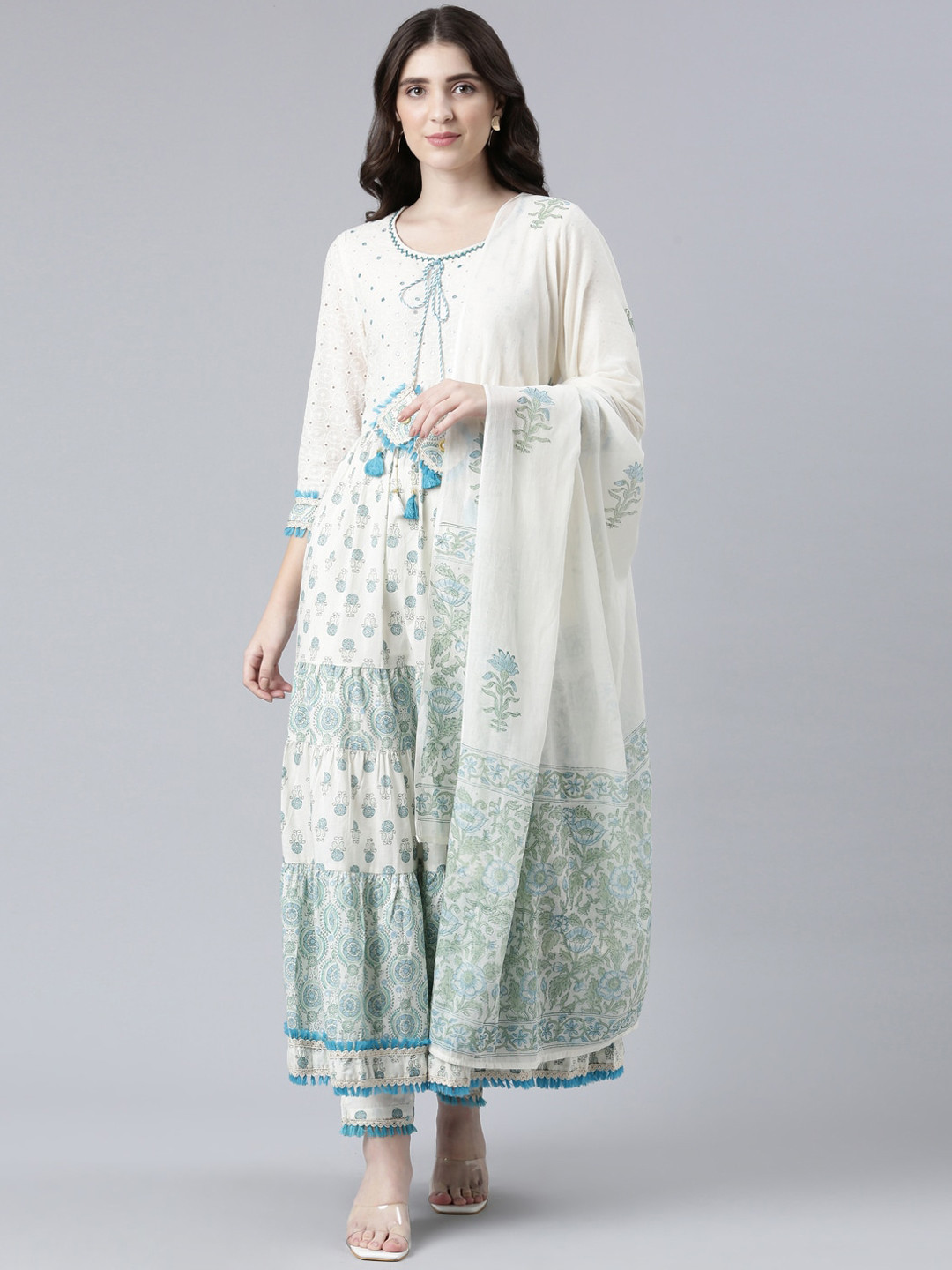

Neerus Floral Embroidered Pure Cotton Anarkali Kurta With Trousers & With Dupatta, Green