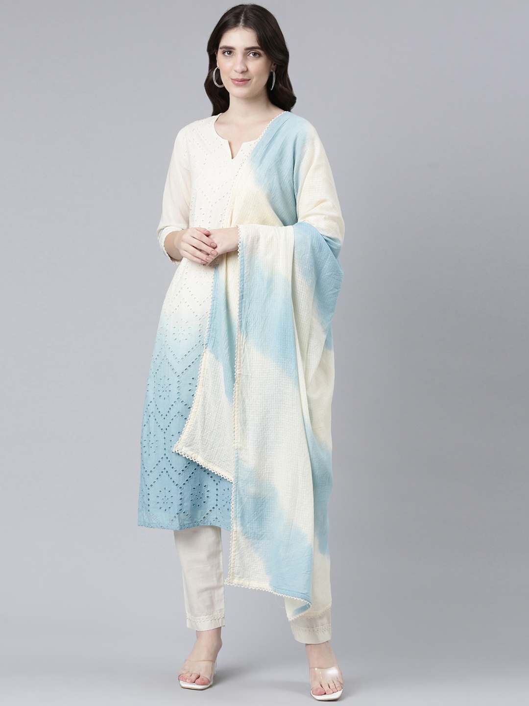 

Neerus Schiffli Round Neck Cotton Kurta With Trousers & With Dupatta, White