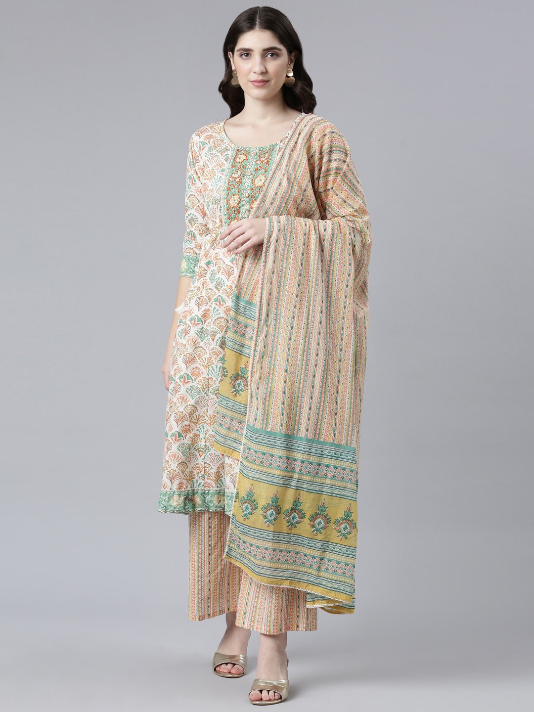 

Neerus Ethnic Motifs Printed Pure Cotton Anarkali Kurta With Palazzos & Dupatta, Beige