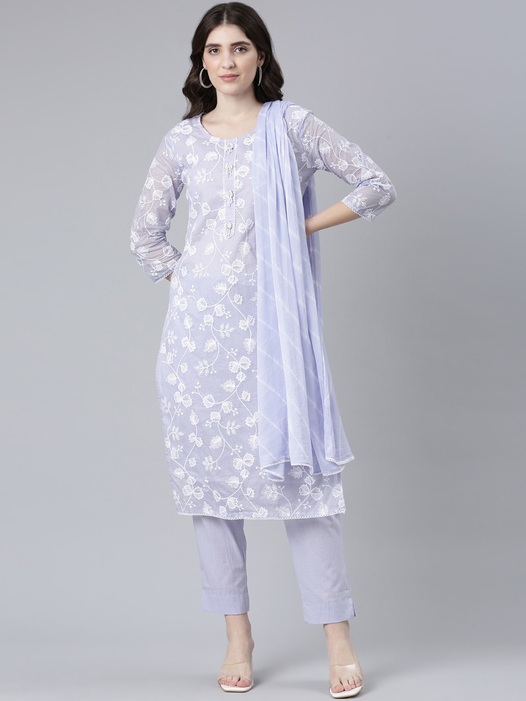 

Neerus Floral Embroidered Straight Kurta With Trousers & Dupatta, Lavender