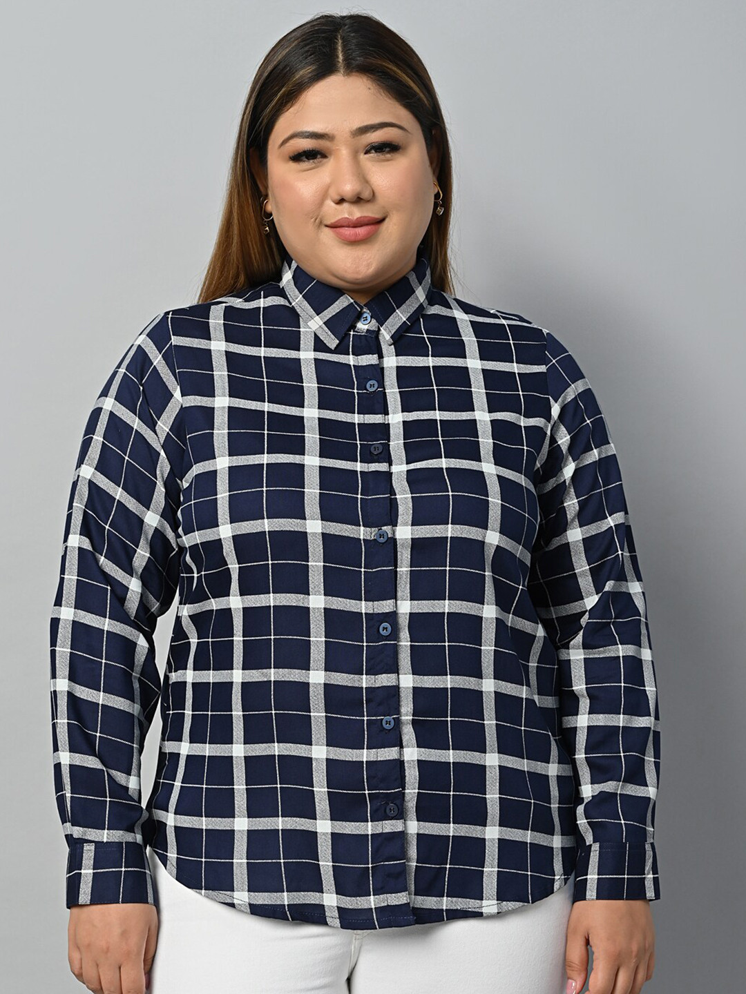 

Vastraa Fusion Plus Size Spread Collar Comfort Windowpane Checks Cotton Casual Shirt, Navy blue