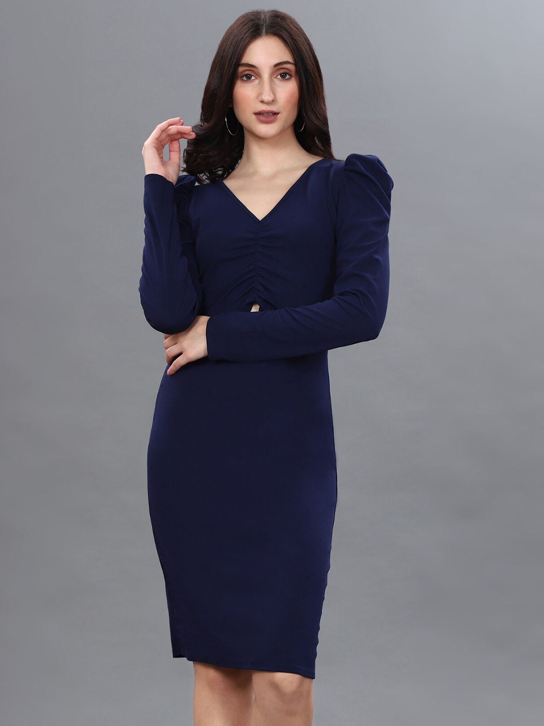

WESTHOOD Cut-Out Ruched V-Neck Bodycon Dress, Navy blue
