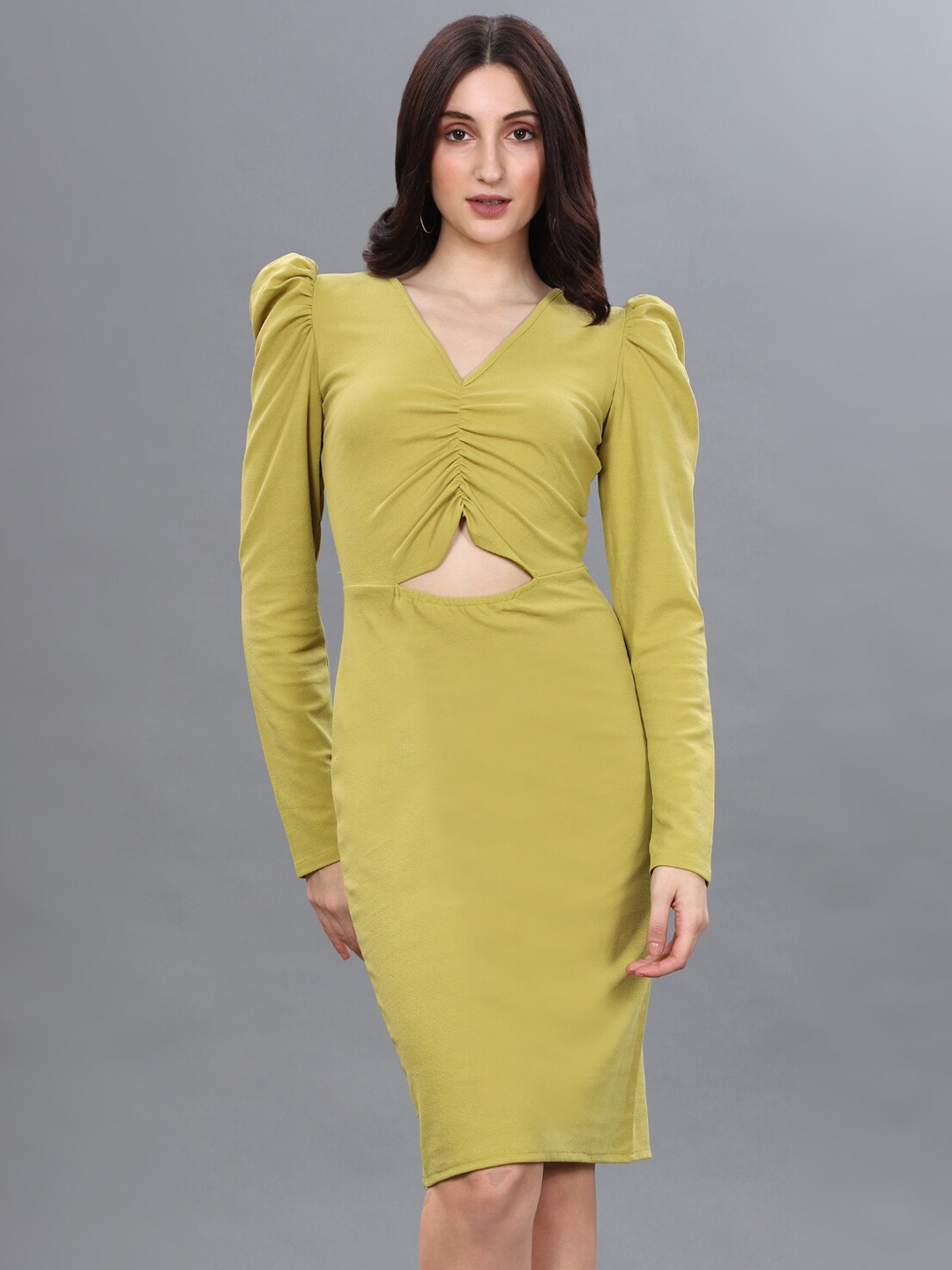 

WESTHOOD Cut-Out Ruched V-Neck Bodycon Dress, Yellow