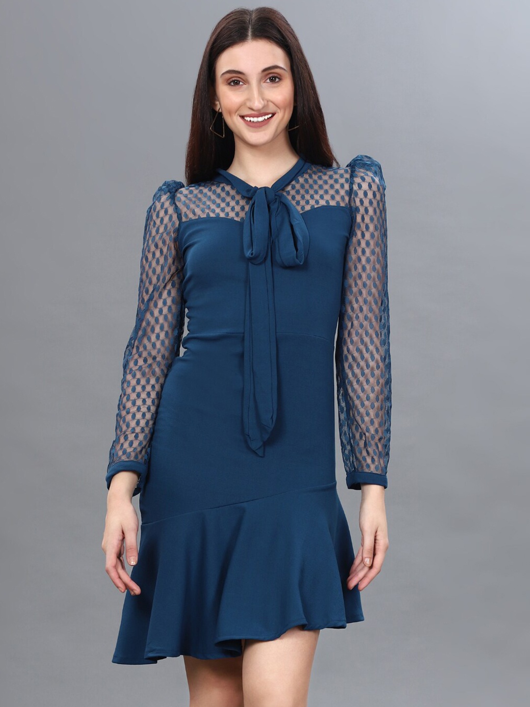 

WESTHOOD Teal Tie-Up Neck Puff Sleeves A-Line Dress