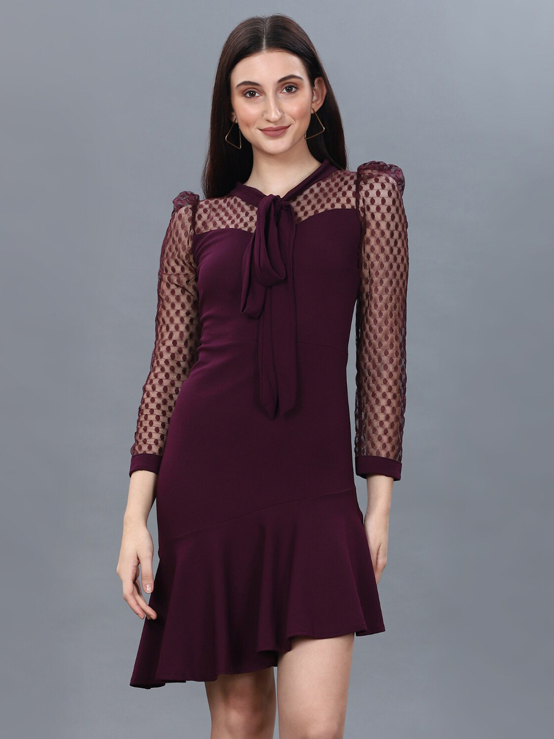 

WESTHOOD Self Design Tie-up Neck Puff Sleeve Bodycon Dress, Purple