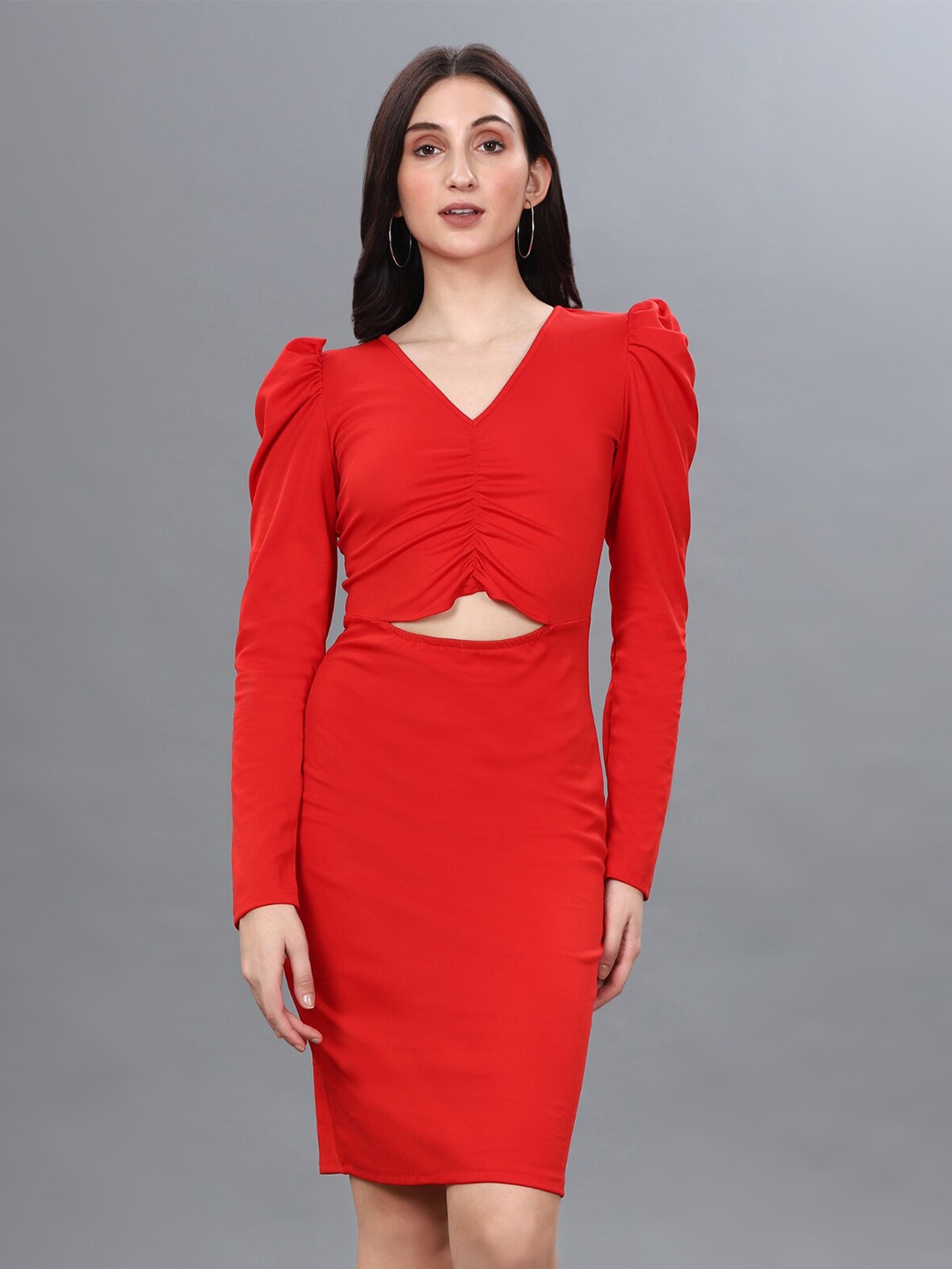 

WESTHOOD Cut-Out Detailed V-Neck Puff Sleeves Sheath Dress, Red