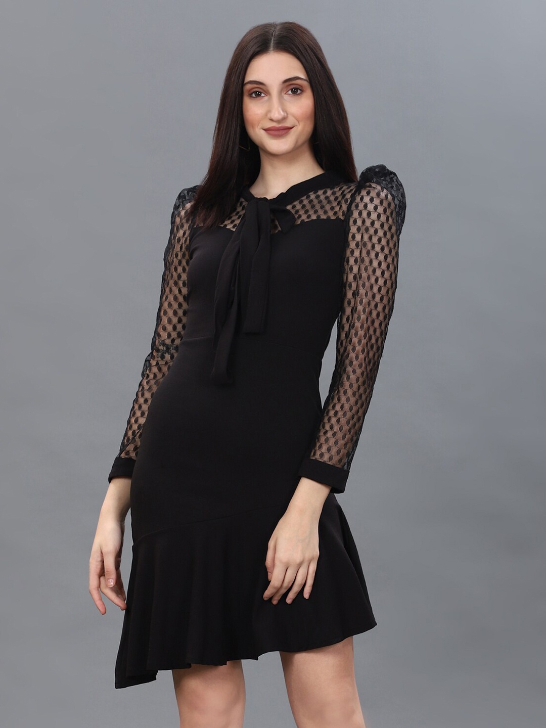 

WESTHOOD Self Design Tie-up Neck Puff Sleeve Bodycon Dress, Black