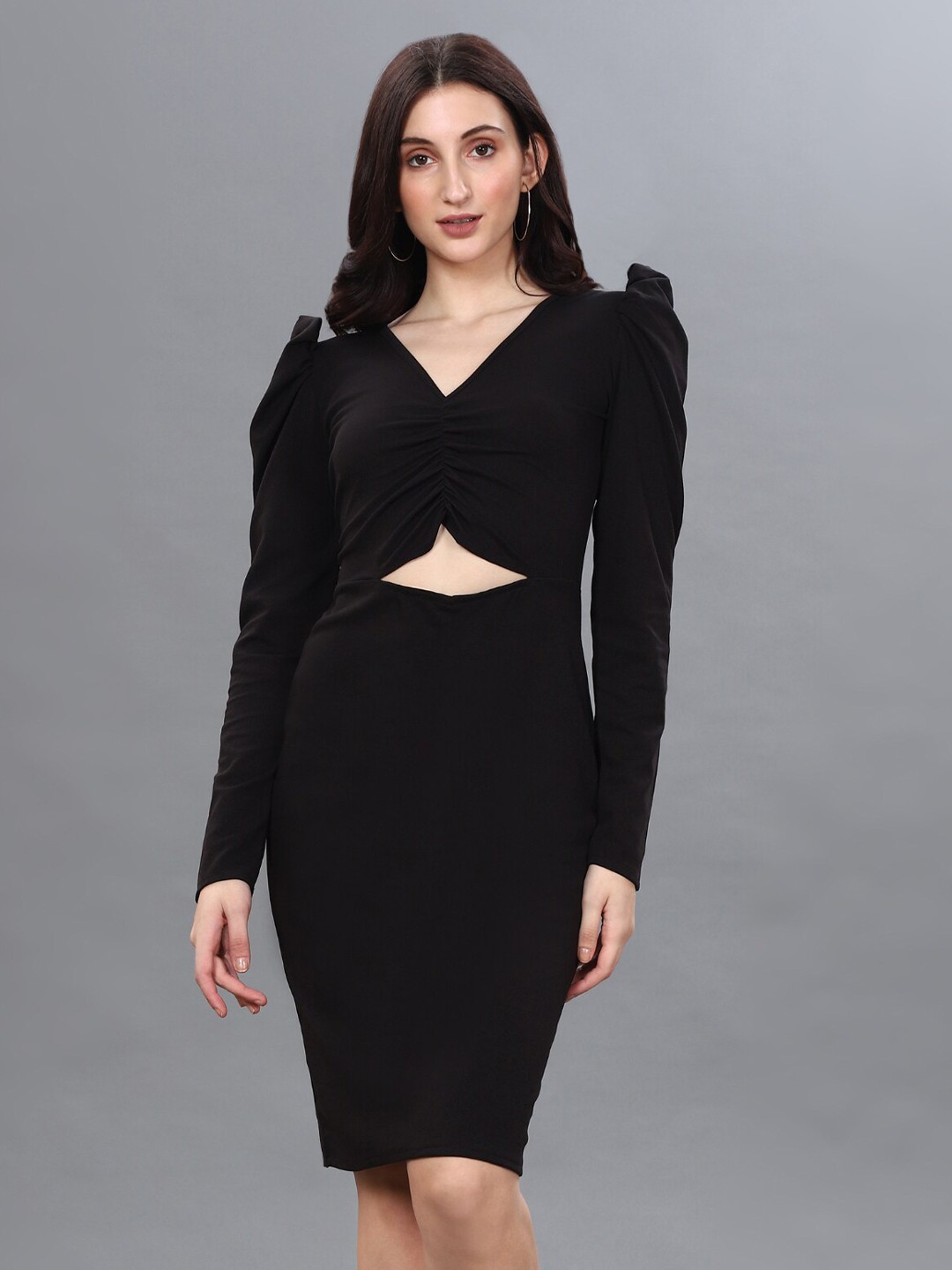 

WESTHOOD Cut-Out Ruched V-Neck Bodycon Dress, Black