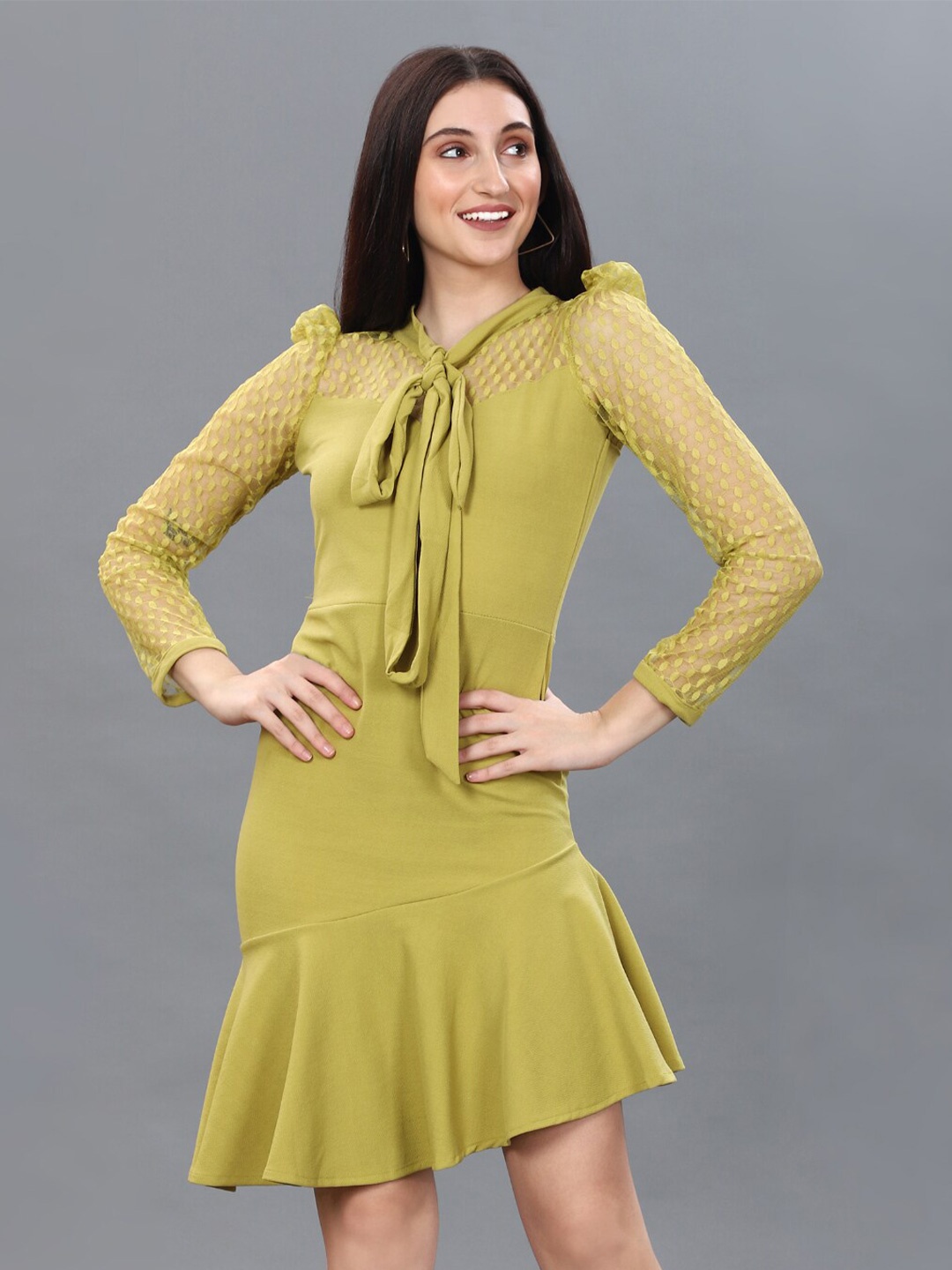

WESTHOOD Self Design Tie-up Neck Puff Sleeve Bodycon Dress, Yellow