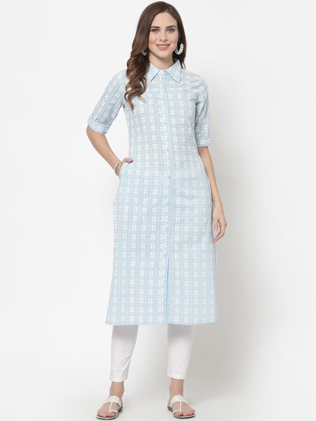 

Avipsa Ethnic Motifs Printed Shirt Collar Straight Kurta, Blue