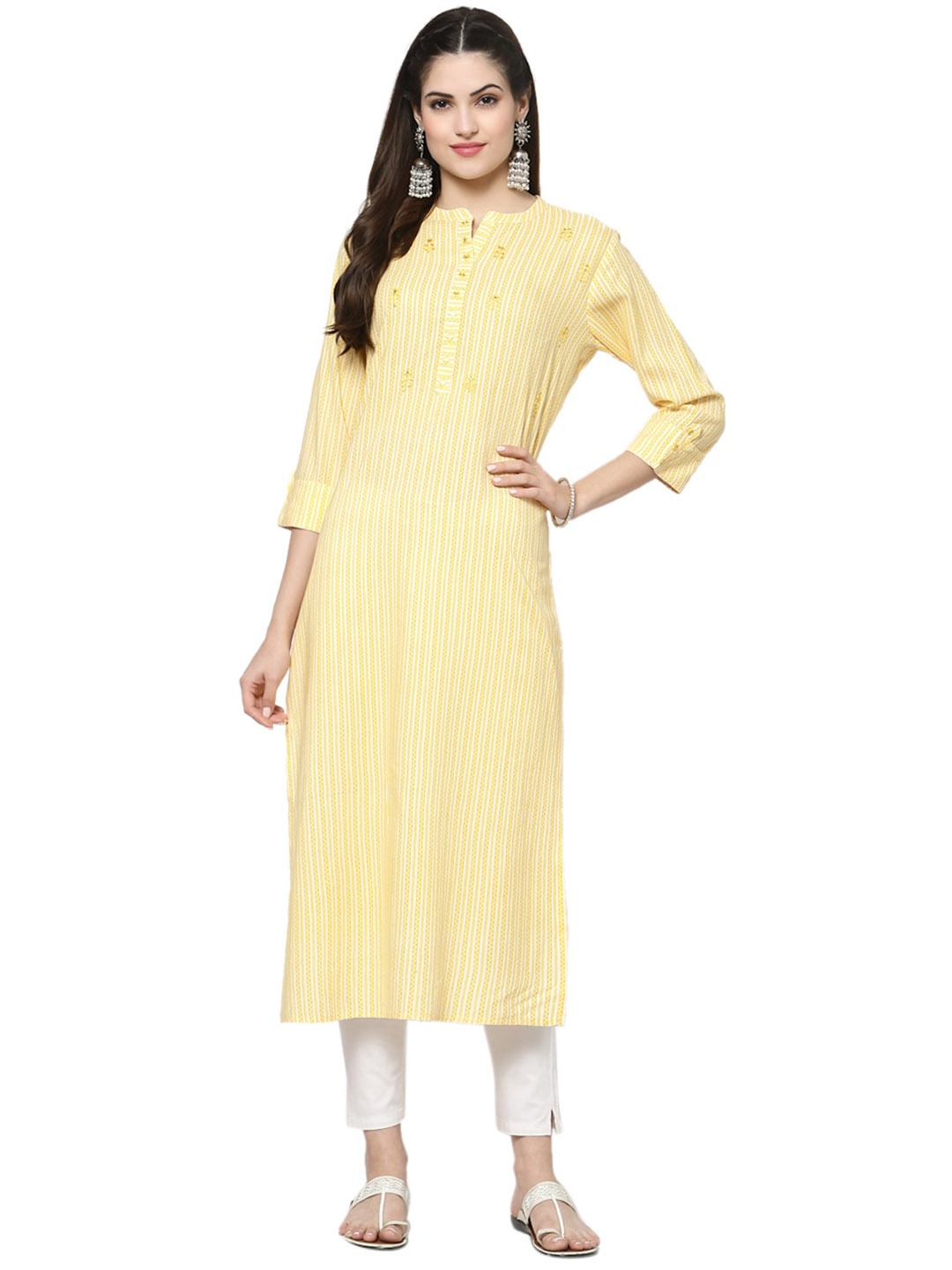 

Avipsa Ethnic Motifs Printed Mandarin Collar Mirror Work Detailed Straight Kurta, Yellow