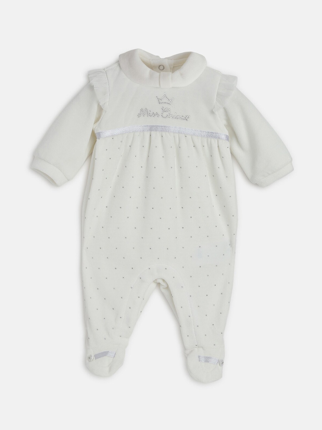 Chicco Infant Girls Printed Sleepsuit with Lace Insert & Ruffled Detail, White