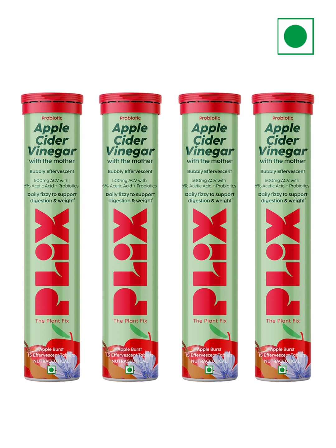 

PLIX THE PLANT FIX Apple Burst Set of 4 Apple Cider Vinegar Tablets - 15 Tabs Each, Green