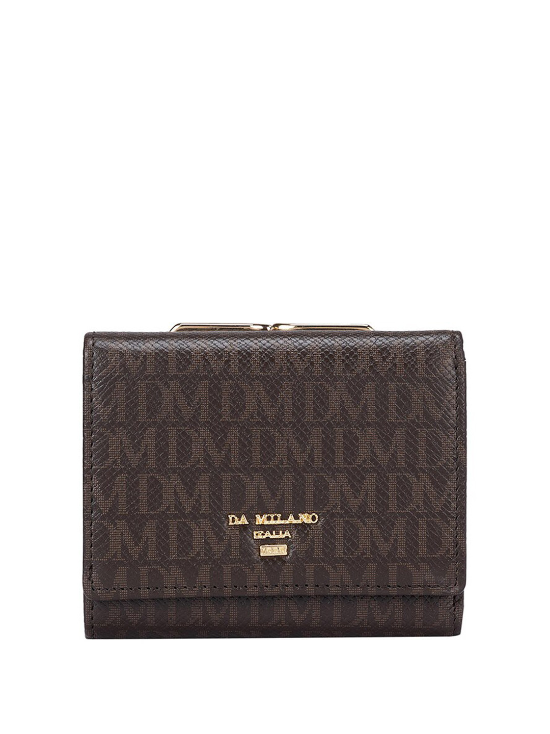 

Da Milano Women Brown & Gold-Toned Typography Textured Leather Three Fold Wallet