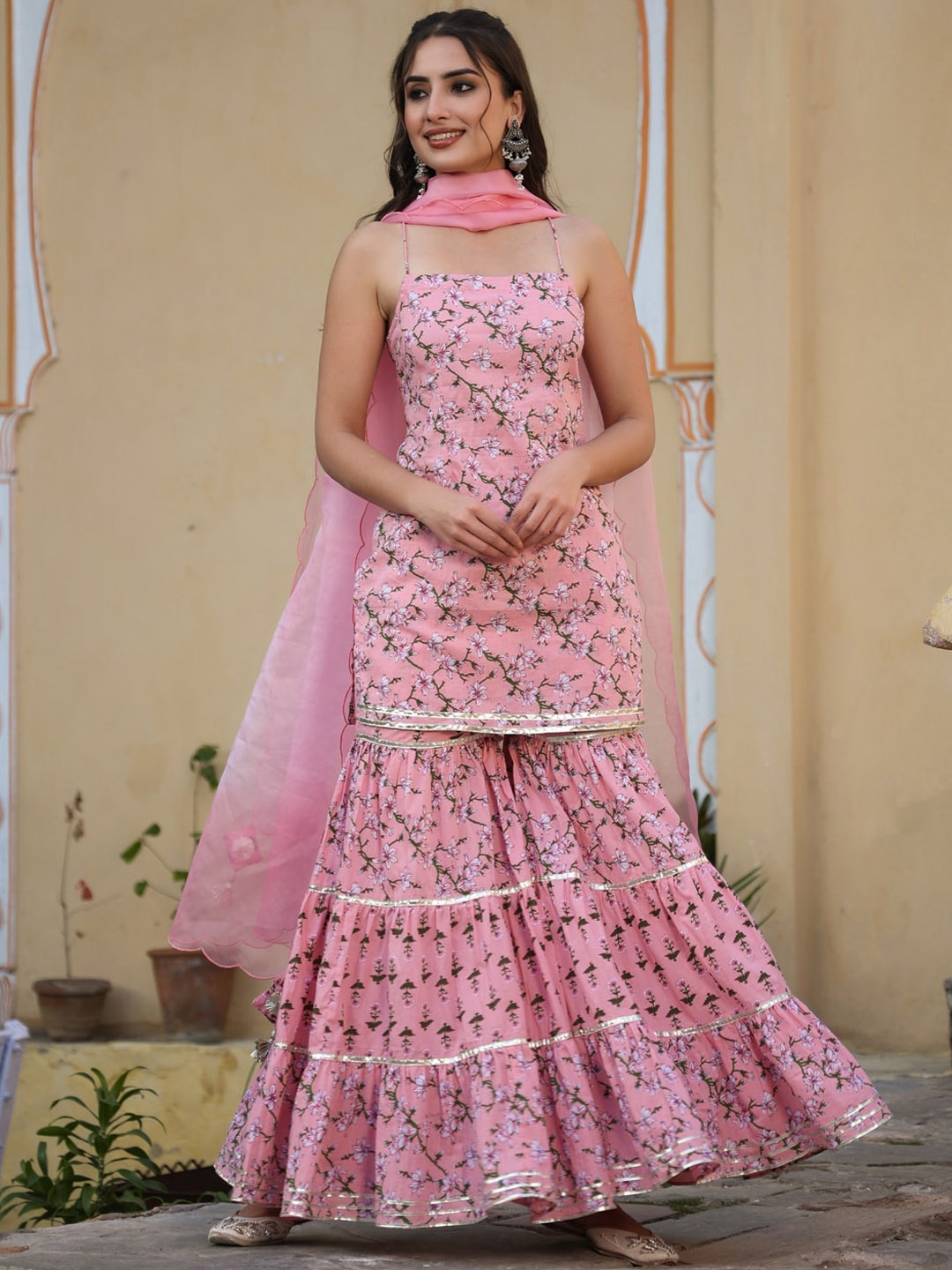 

Prakhya Floral Printed Gotta Patti Shoulder Straps Kurti & Sharara With Dupatta, Pink