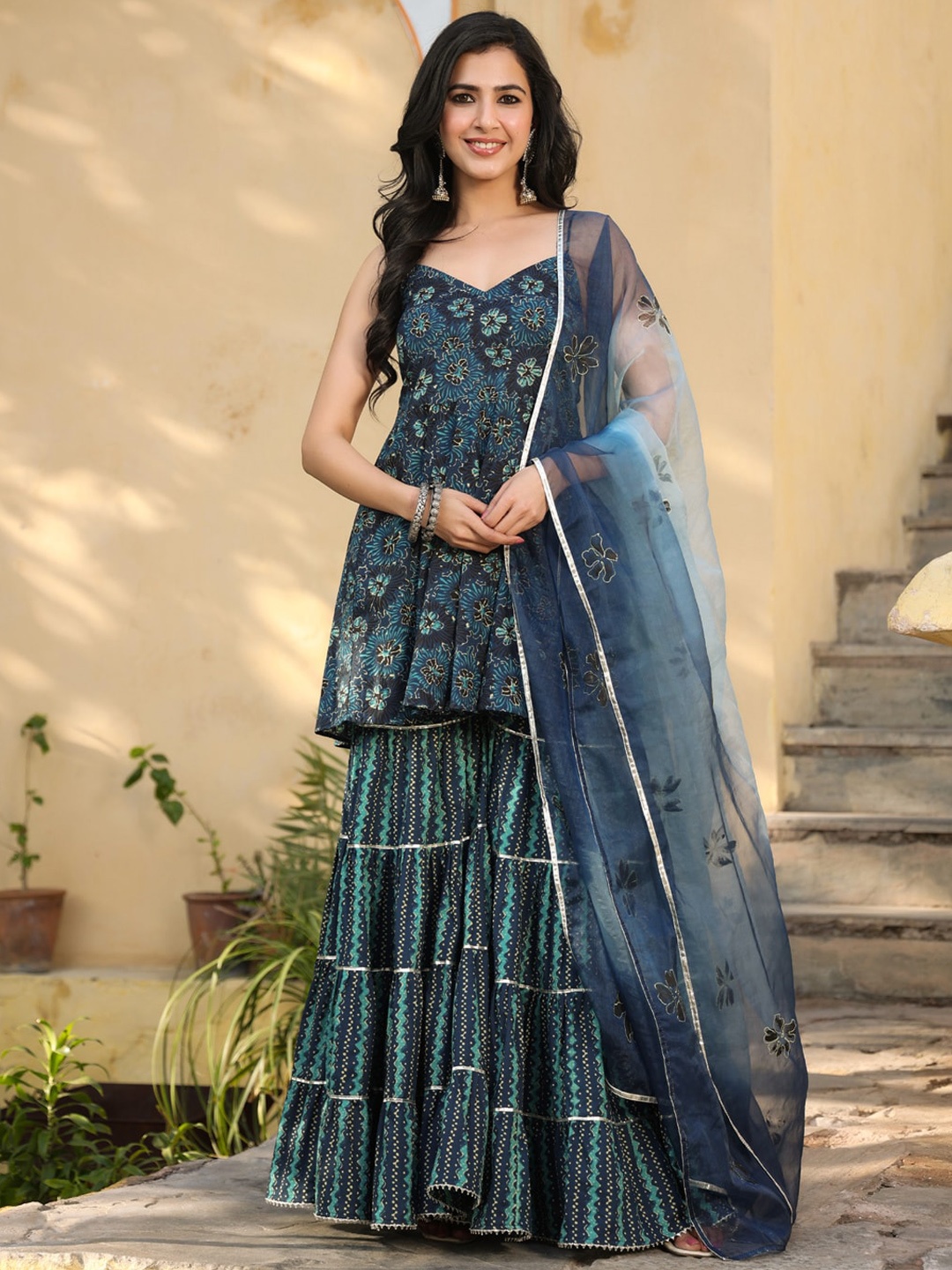 

Prakhya Floral Printed Regular Gotta Patti Kurta With Sharara & Dupatta, Blue