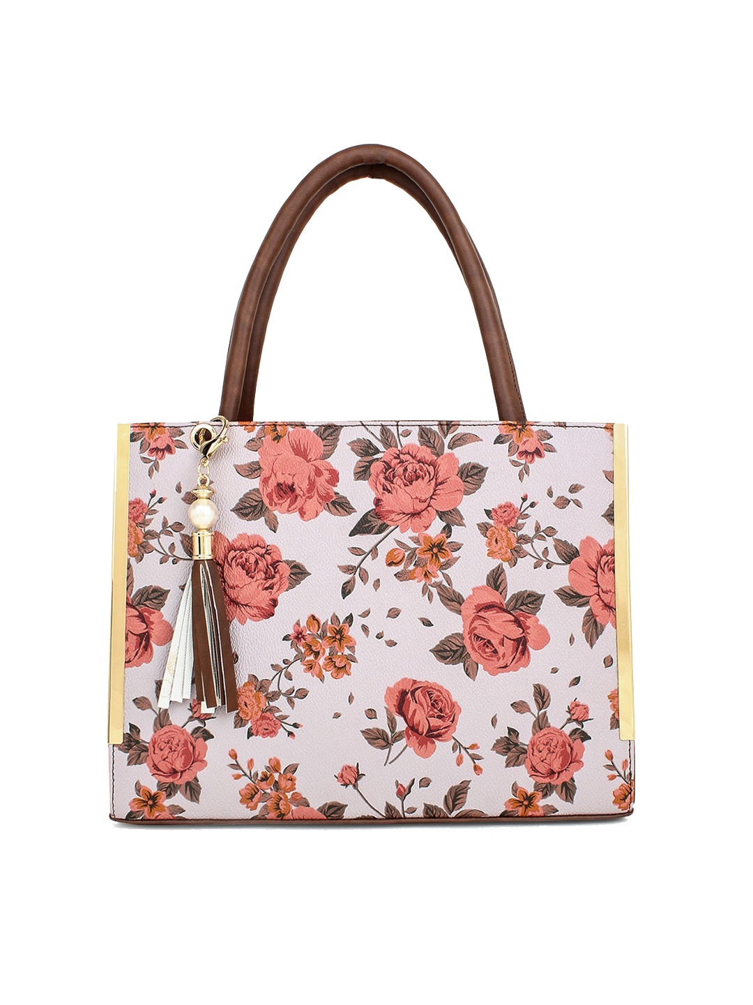 

LEGAL BRIBE Floral Printed Shopper Handheld Bag with Tasselled, Tan