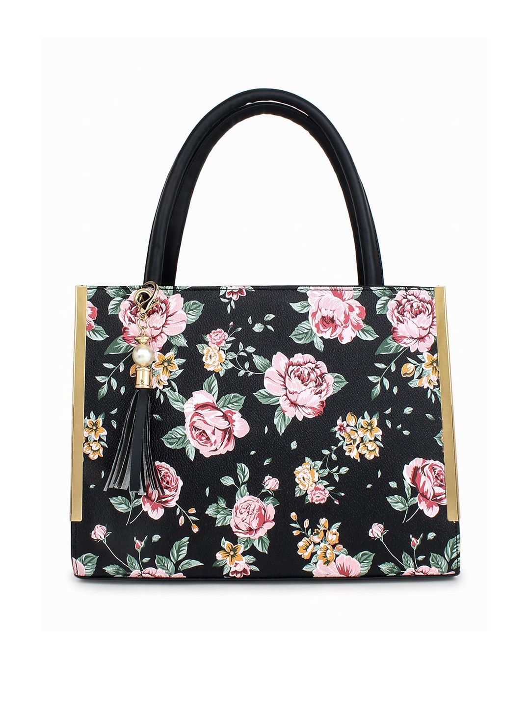 

LEGAL BRIBE Floral Printed Oversized Shopper Tote Bag with Tasselled, Black