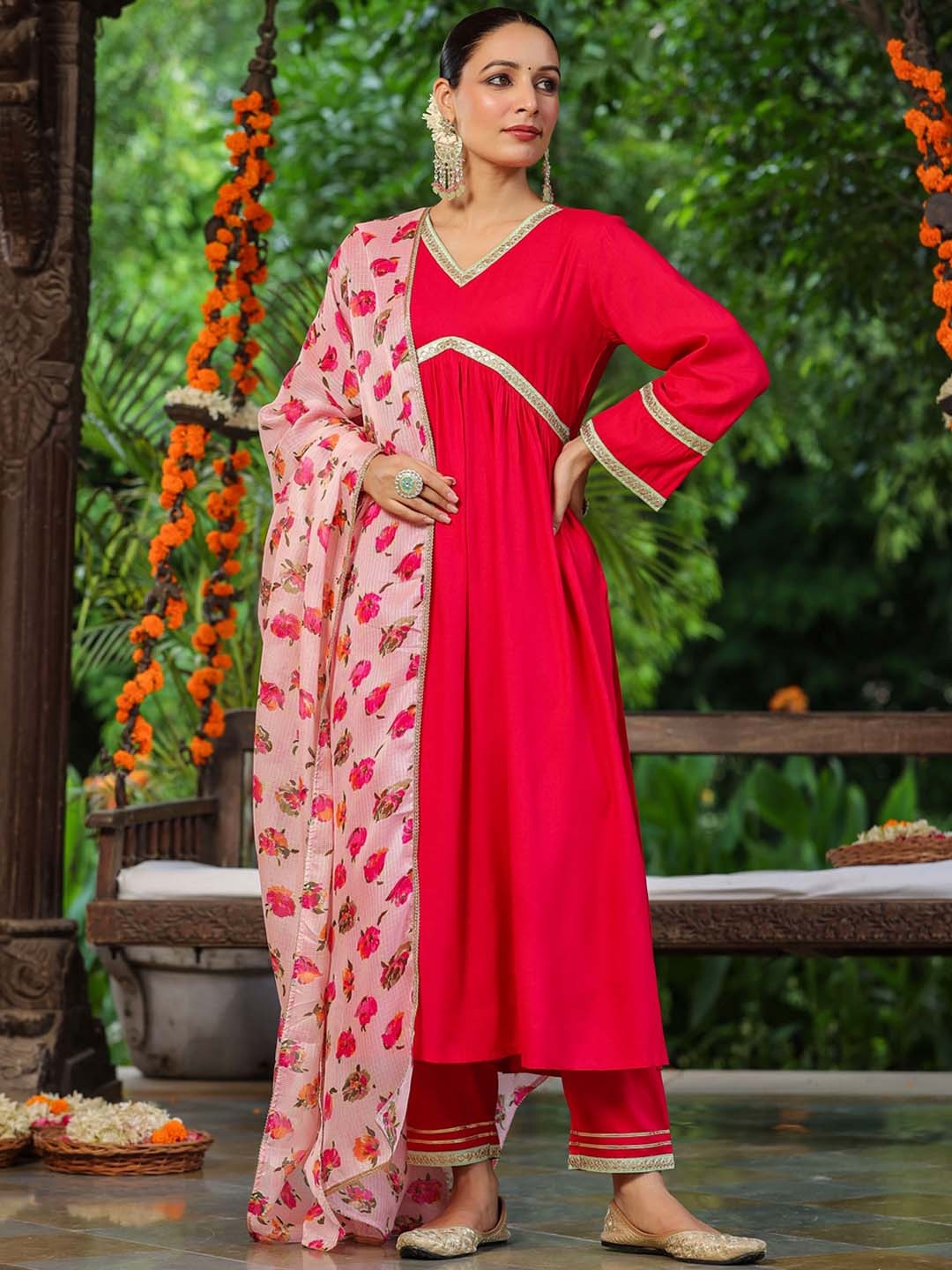 

Rain & Rainbow Empire Gotta Patti Kurta With Trousers & Dupatta, Fuchsia