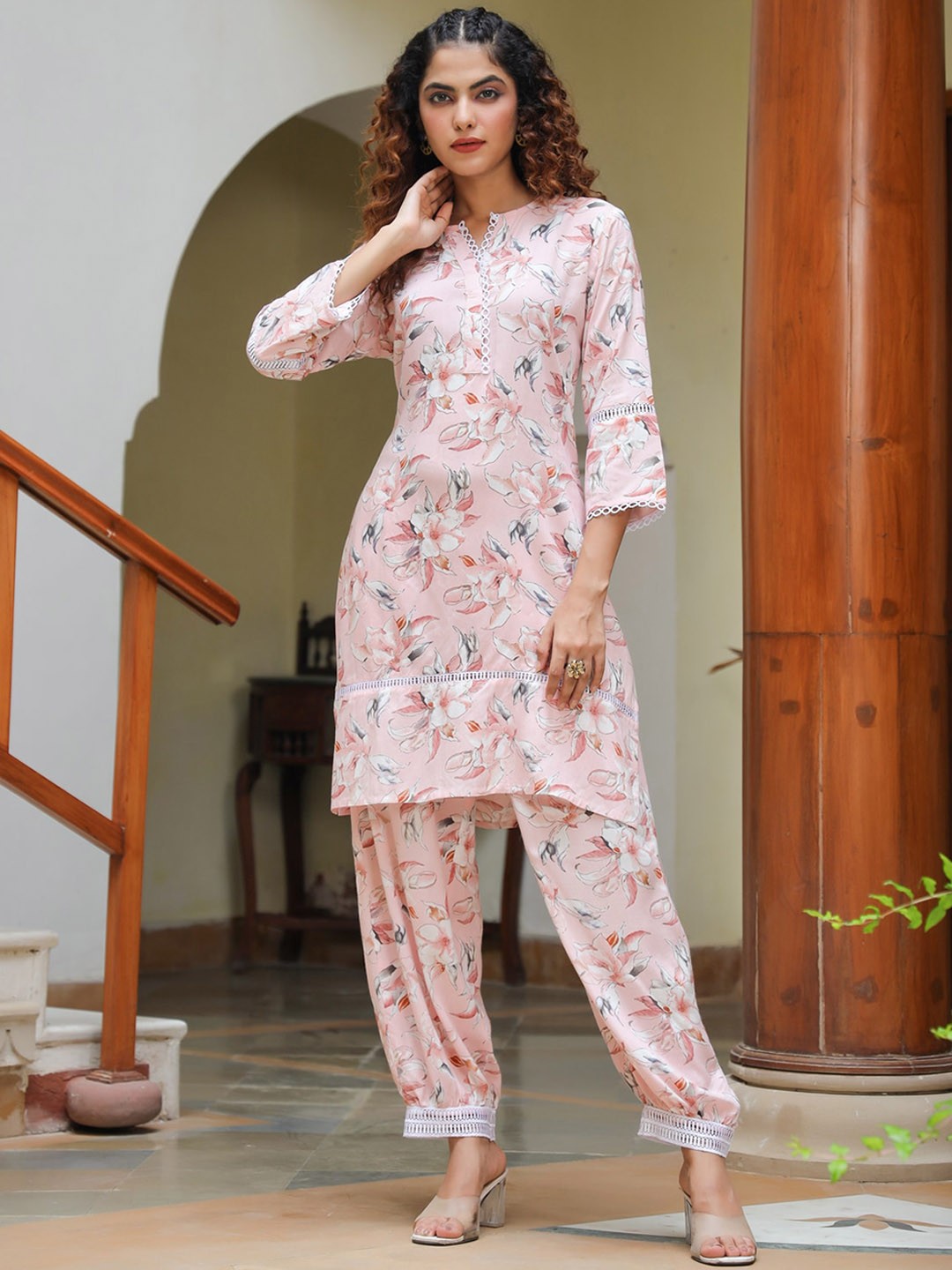 

Rain & Rainbow Floral Printed Tunic With Trouser, Peach