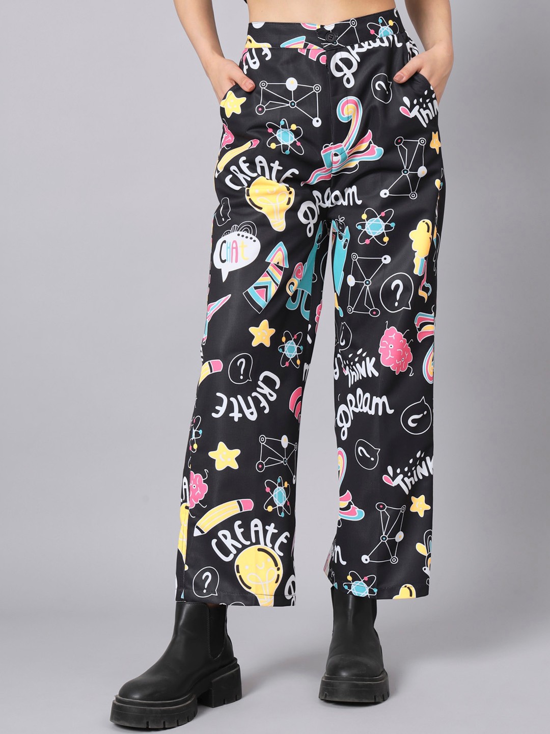 

The Dry State Women Black Conversational Printed Straight Fit High-Rise Parallel Trousers
