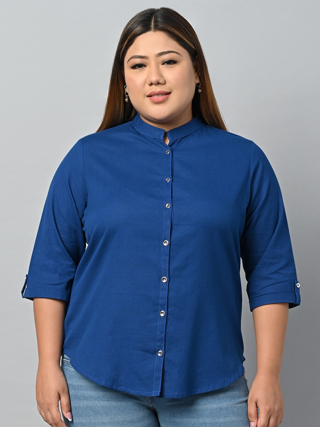 

Vastraa Fusion Plus Size Mandarin Collar Pure Cotton Casual Shirt, Blue