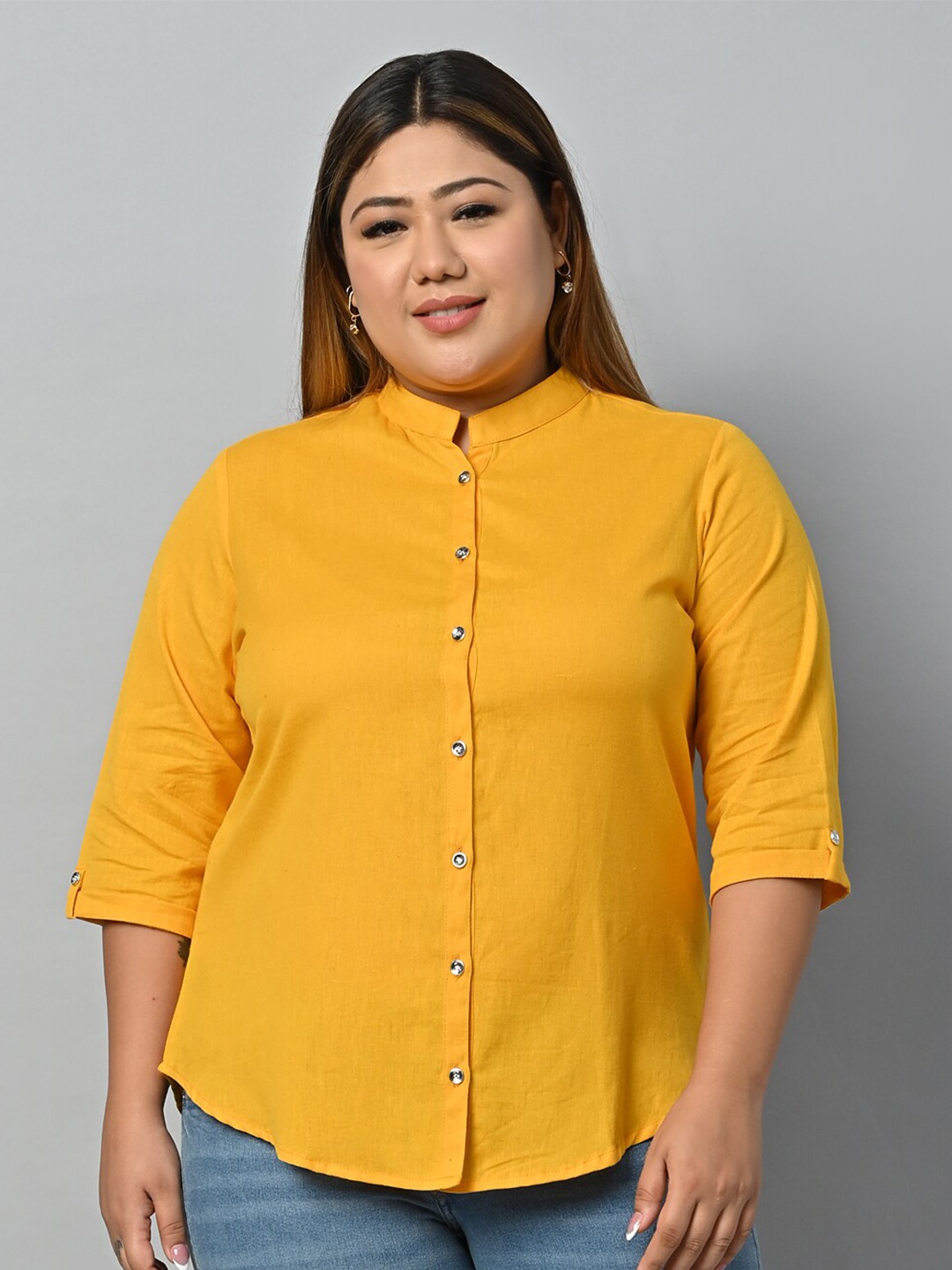 

Vastraa Fusion Plus Size Mandarin Collar Pure Cotton Casual Shirt, Mustard