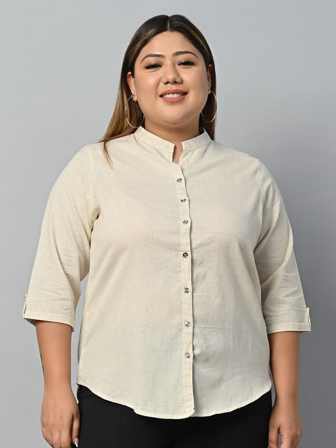 

Vastraa Fusion Plus Size Mandarin Collar Pure Cotton Casual Shirt, Off white