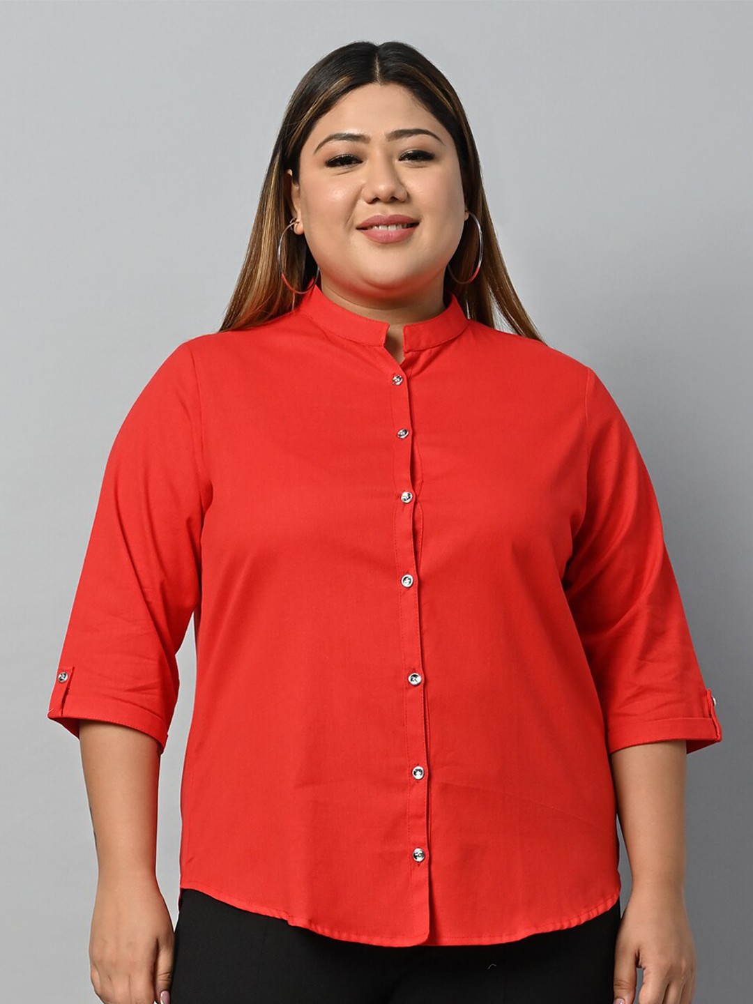 

Vastraa Fusion Plus Size Mandarin Collar Pure Cotton Casual Shirt, Red