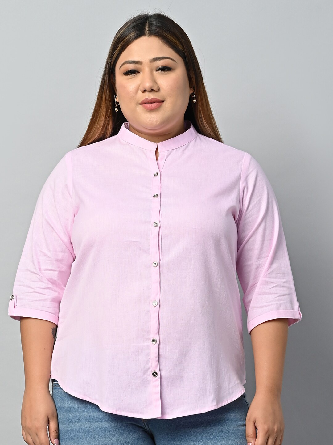 

Vastraa Fusion Plus Size Mandarin Collar Pure Cotton Casual Shirt, Pink