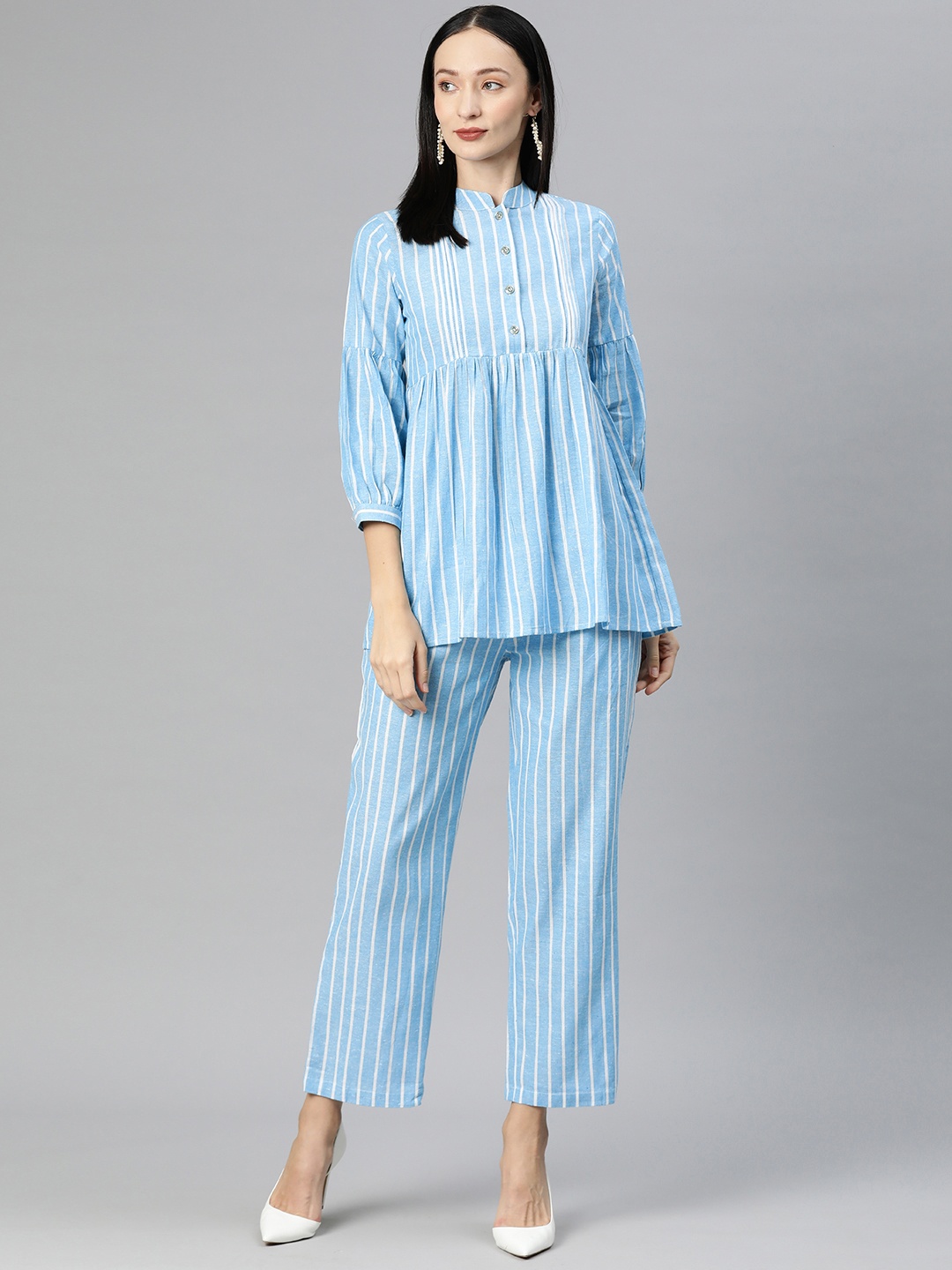 

Cottinfab Women Striped Cotton Top with Trousers, Blue