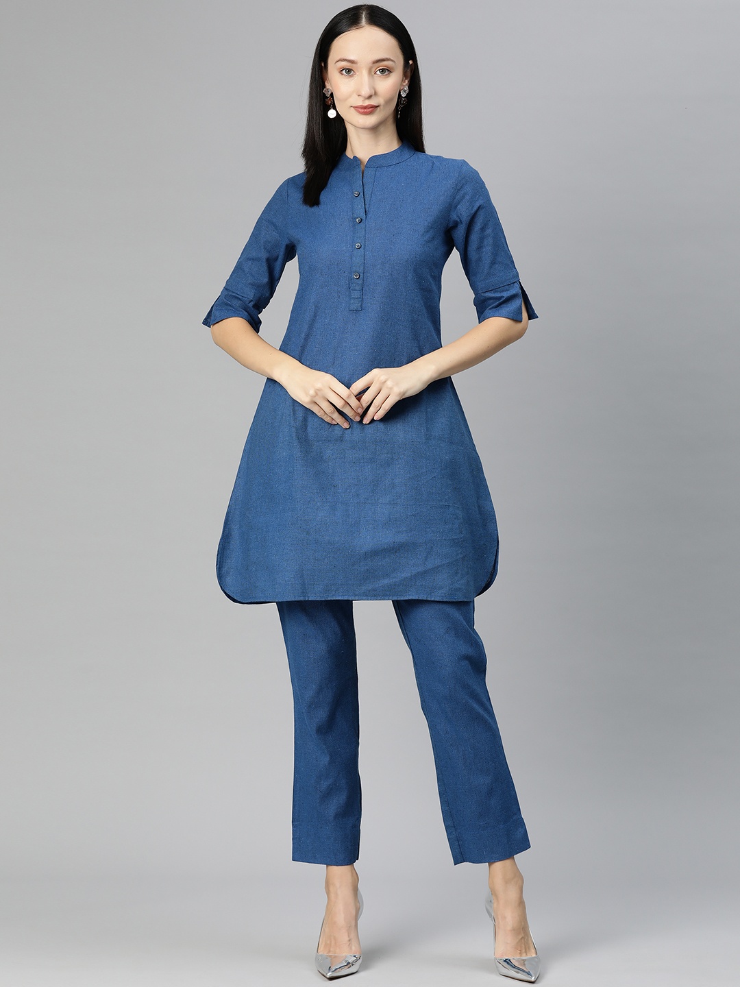 

Cottinfab Women Solid Cotton Tunic with Trousers, Blue