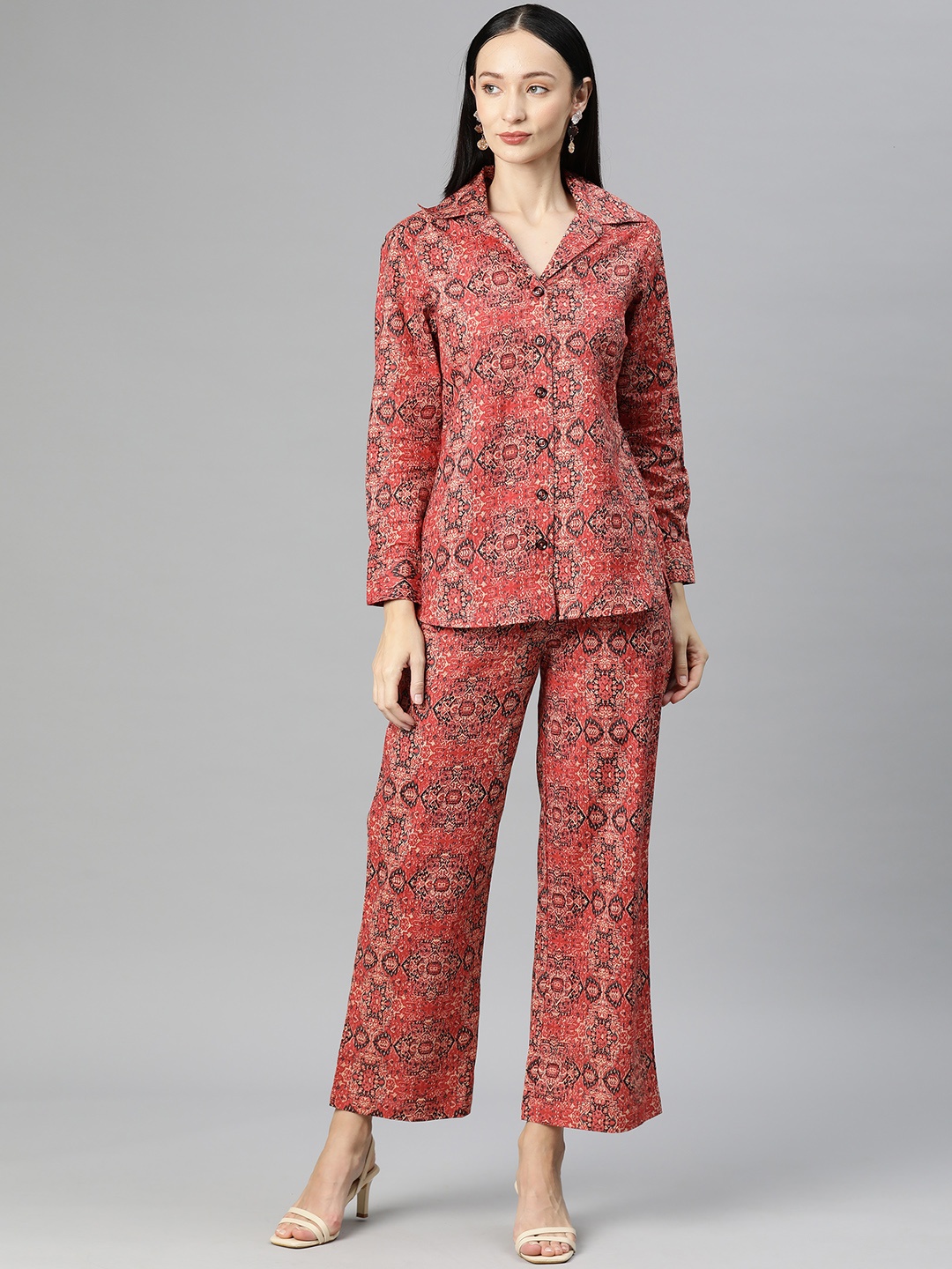 

Cottinfab Women Printed Cotton Shirt with Trousers, Red