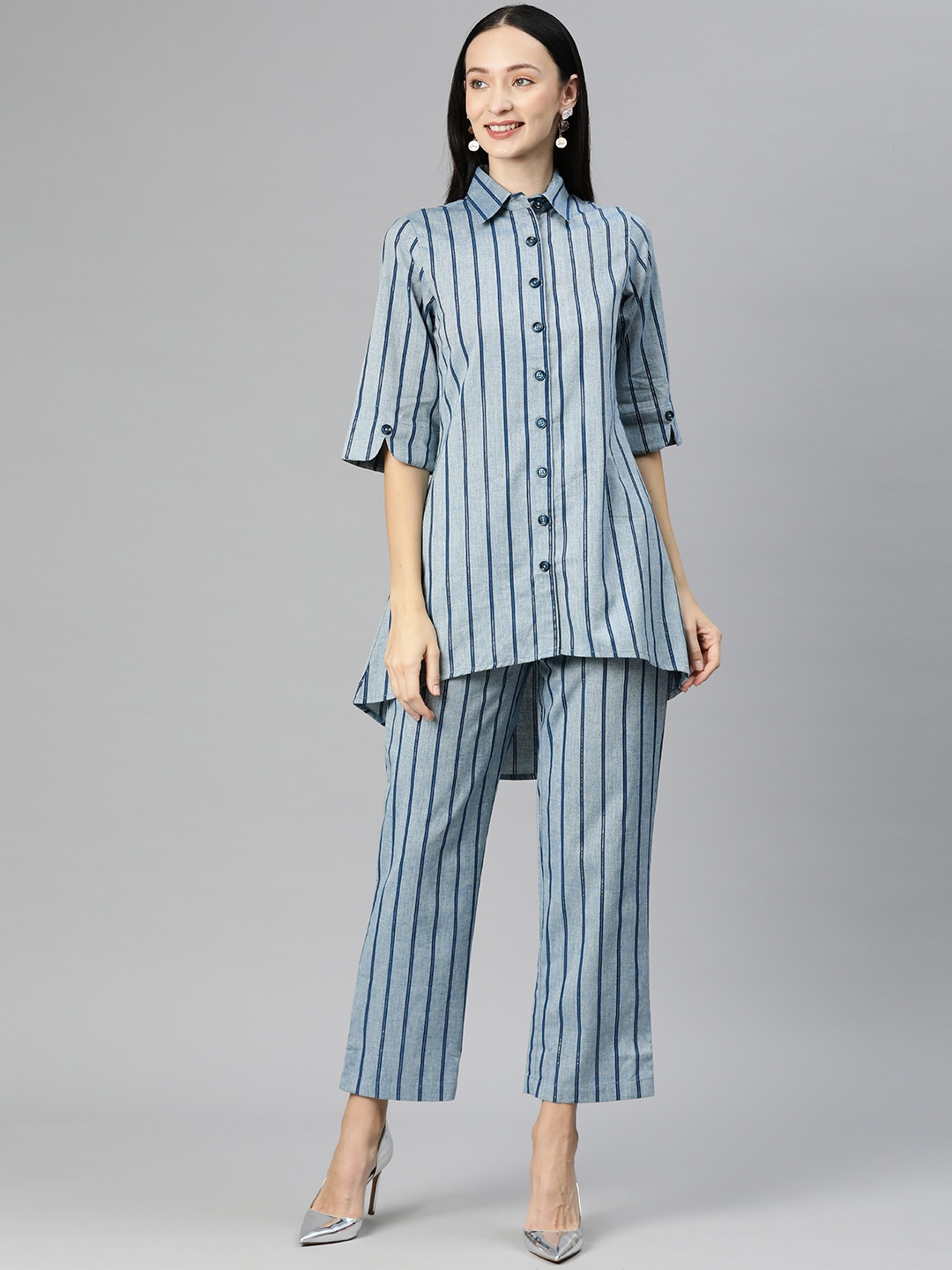 

Cottinfab Women Striped Cotton Shirt with Trousers, Blue