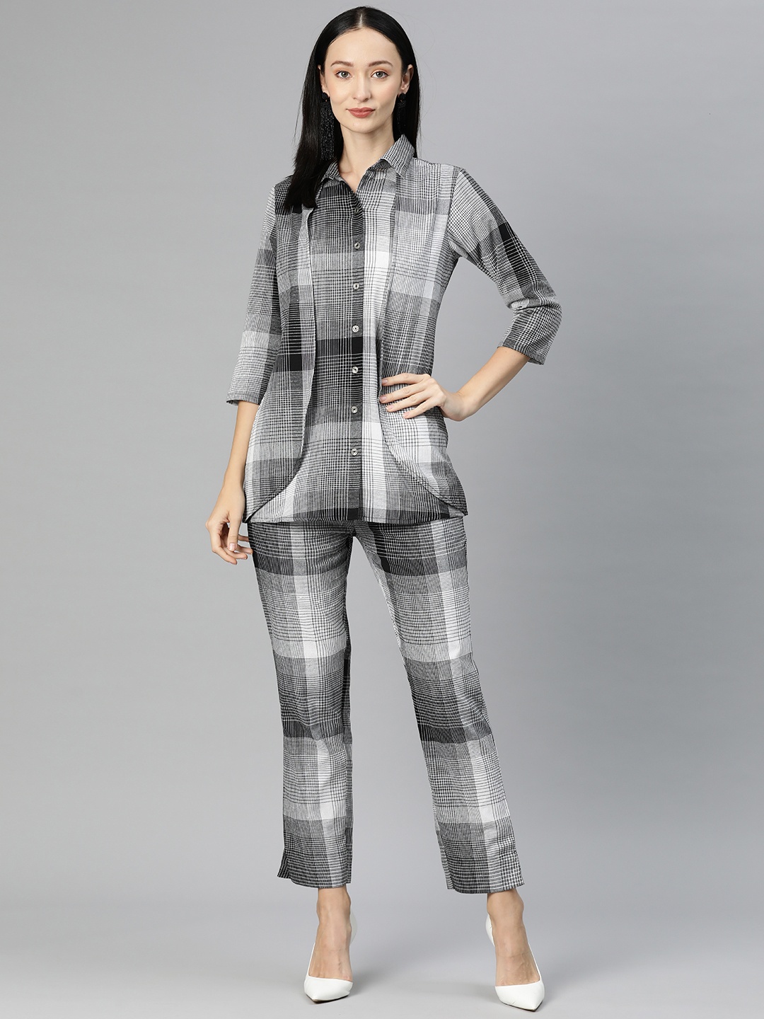 

Cottinfab Women Checked Cotton Shirt with Trousers, Grey