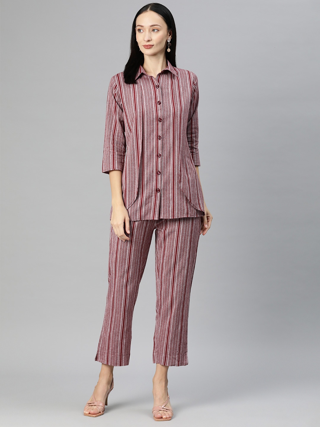 

Cottinfab Women Striped Cotton Shirt with Trousers, Maroon