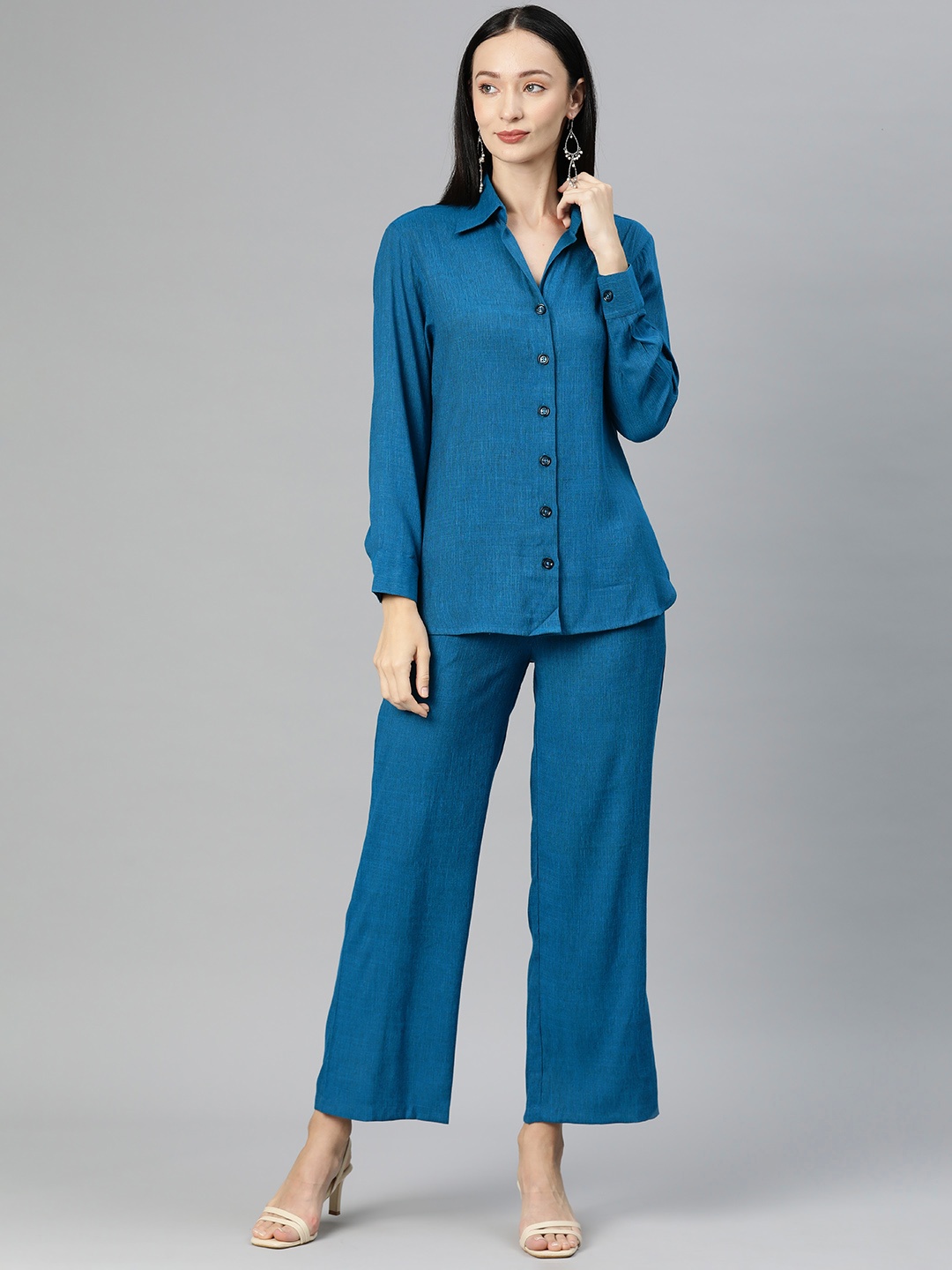 

Cottinfab Women Solid Cotton Shirt with Trousers, Blue