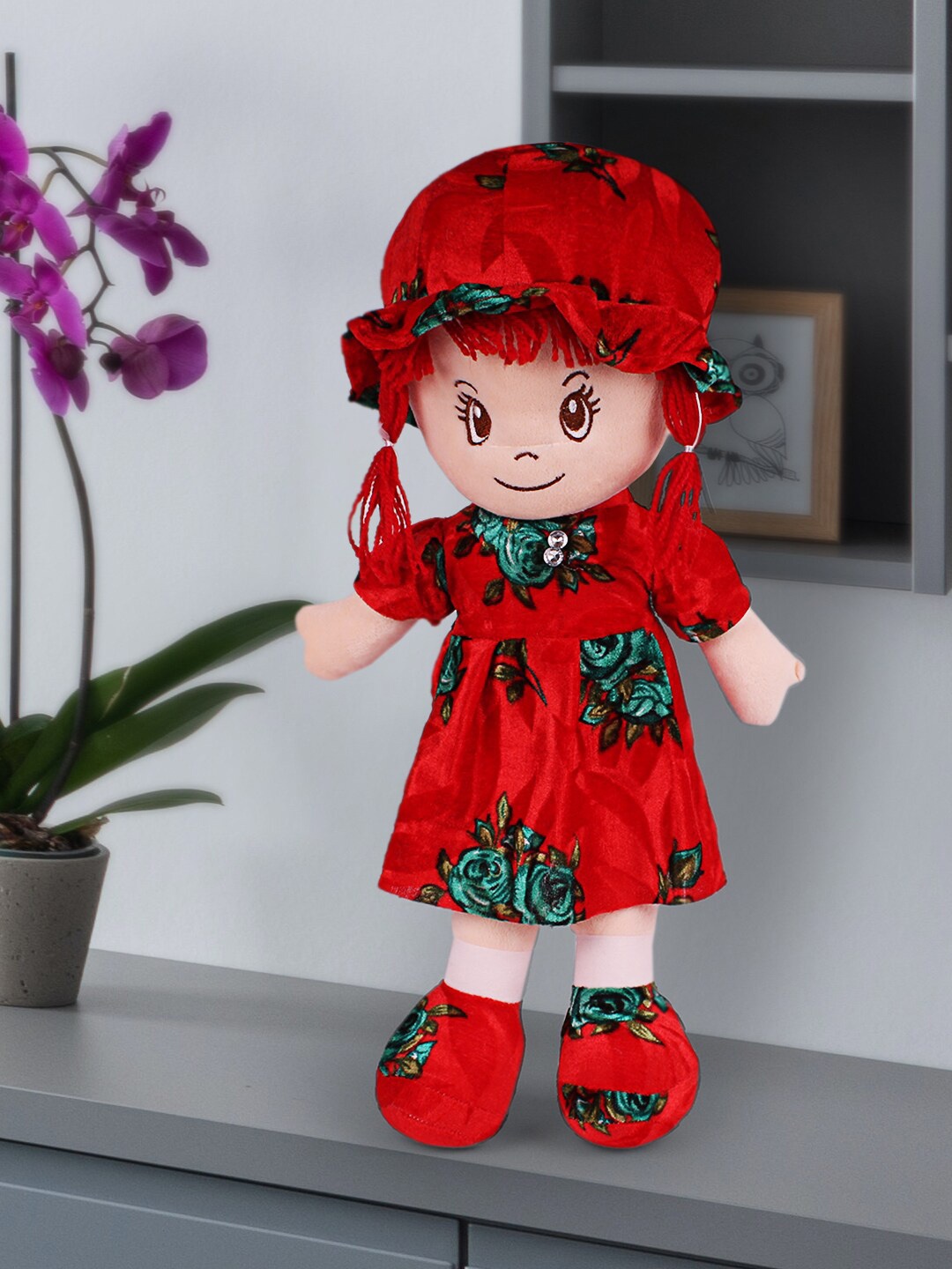 

DukieKooky Kids Flower Printed Doll Soft Toy, Red