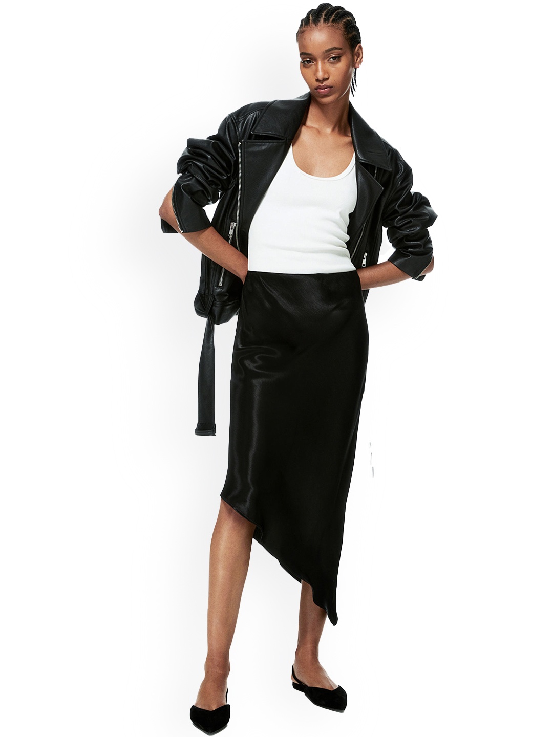 

H&M Asymmetric Satin Skirt, Black