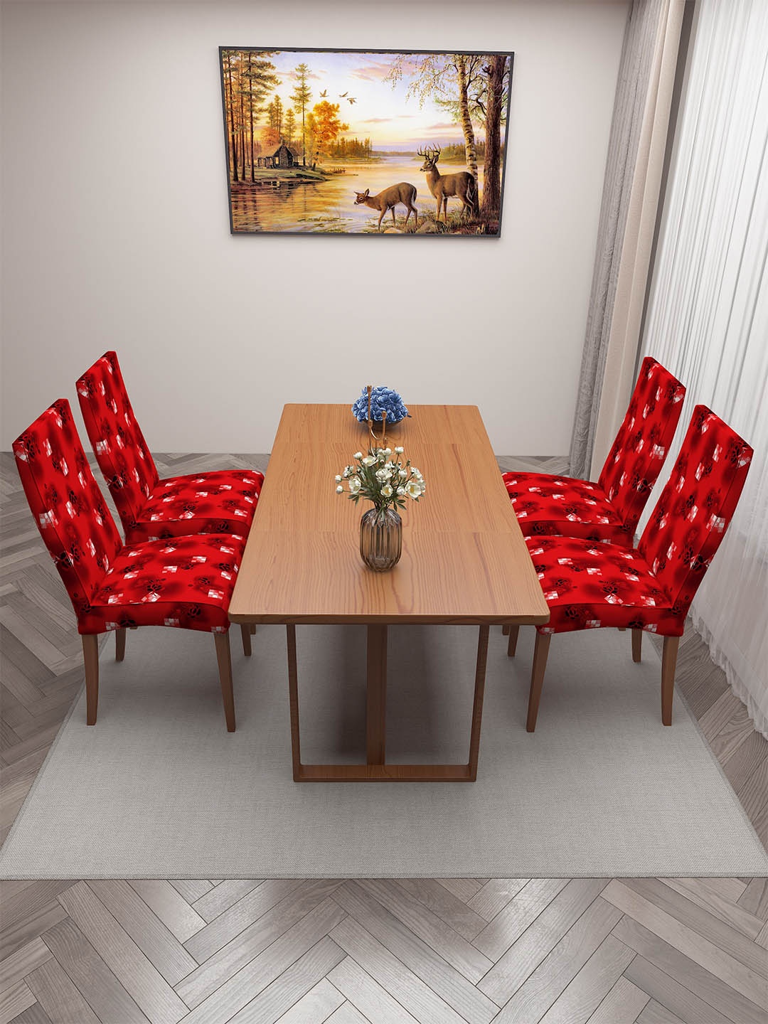 

DREAM CARE Red & White 4 Pieces Printed Chair Covers