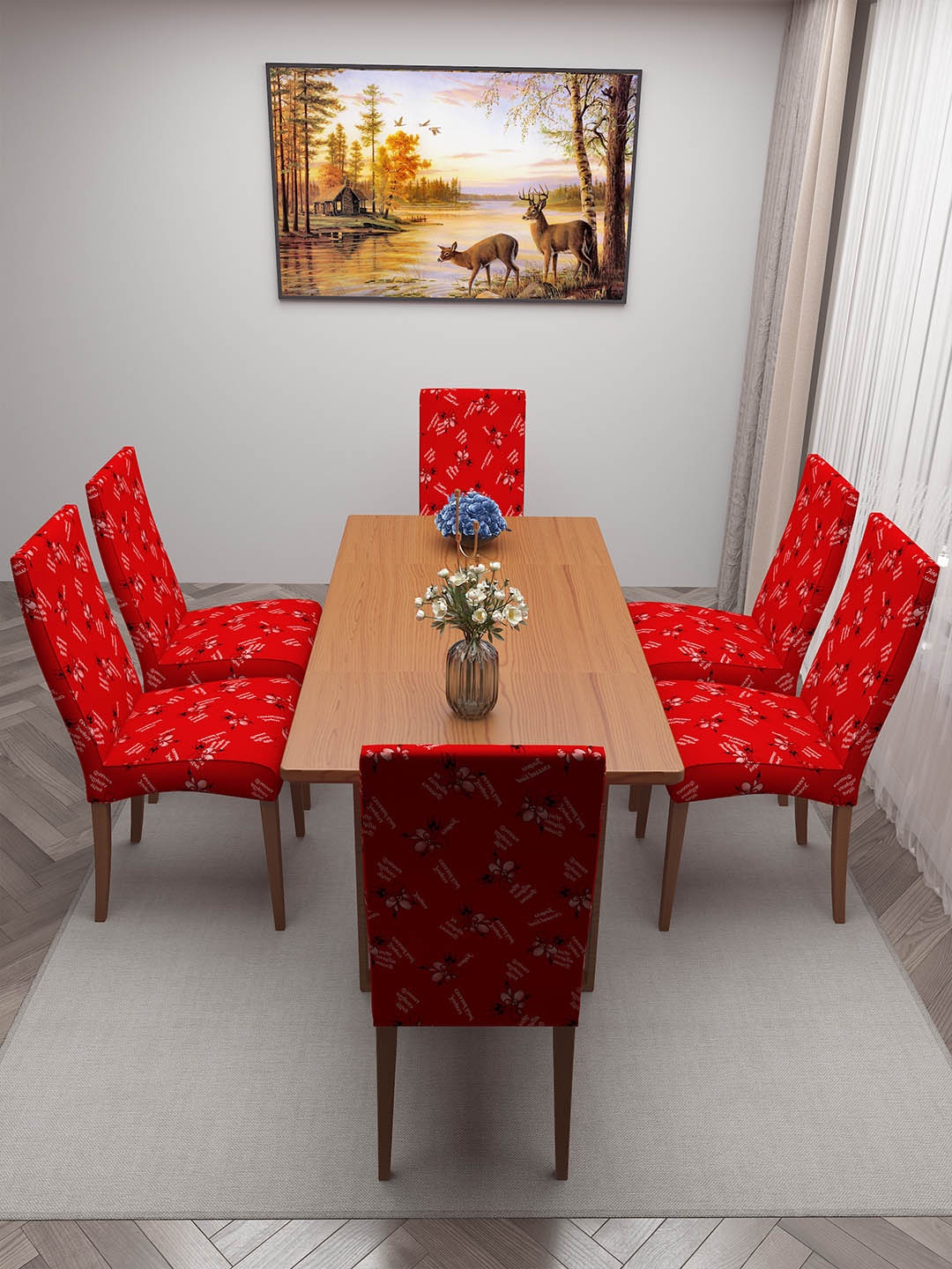 

DREAM CARE Red & White 6 Pieces Printed Chair Covers, Multi