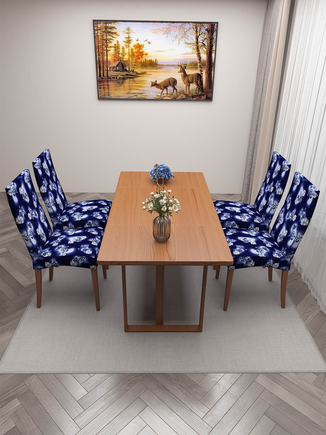 

DREAM CARE Blue & White 4 Pieces Printed Chair Covers