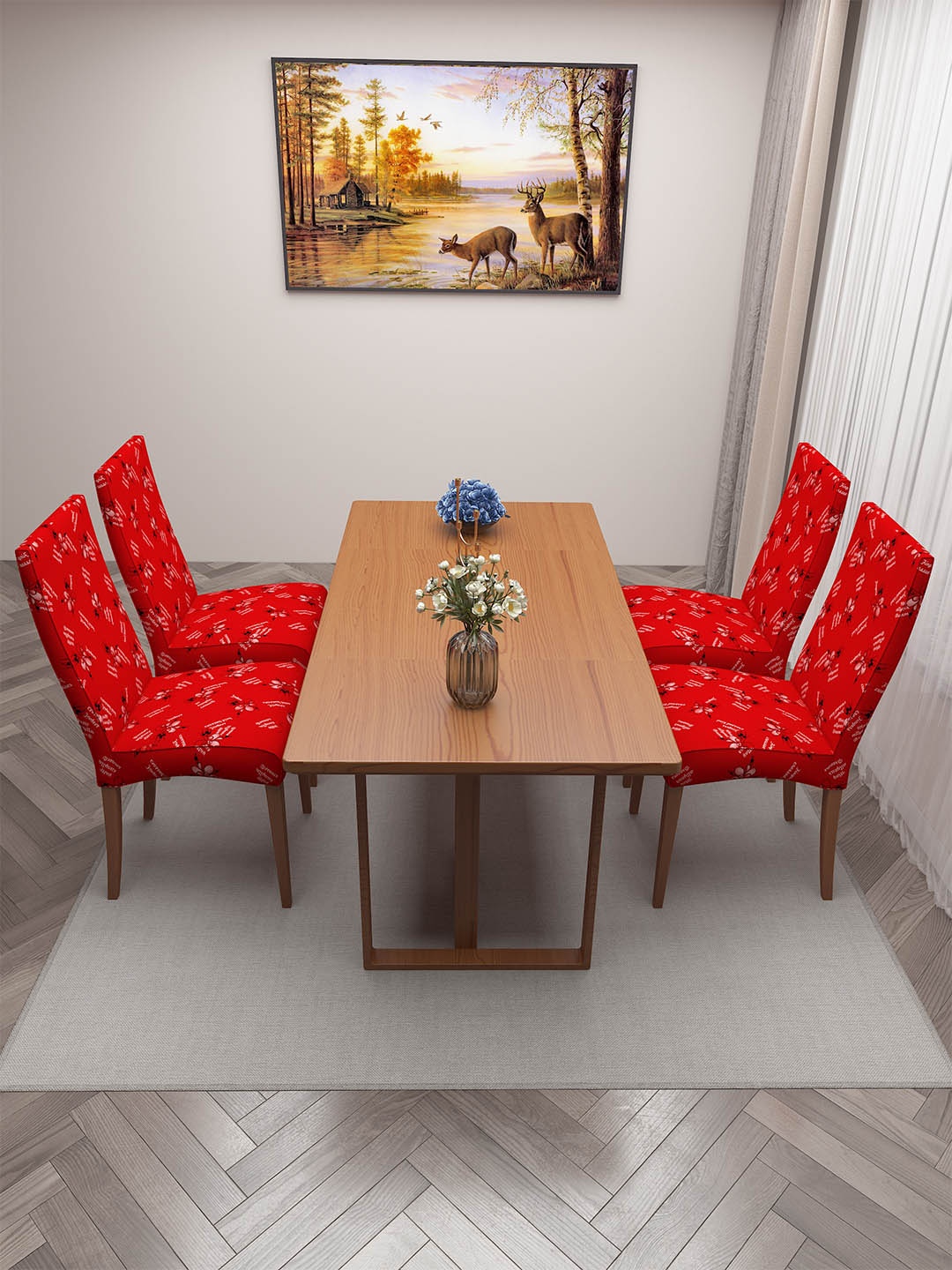 

DREAM CARE Red & White 4 Pieces Printed Chair Covers