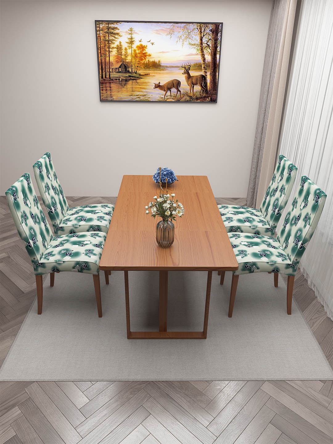 

DREAM CARE White & Green 4 Pieces Printed Chair Covers