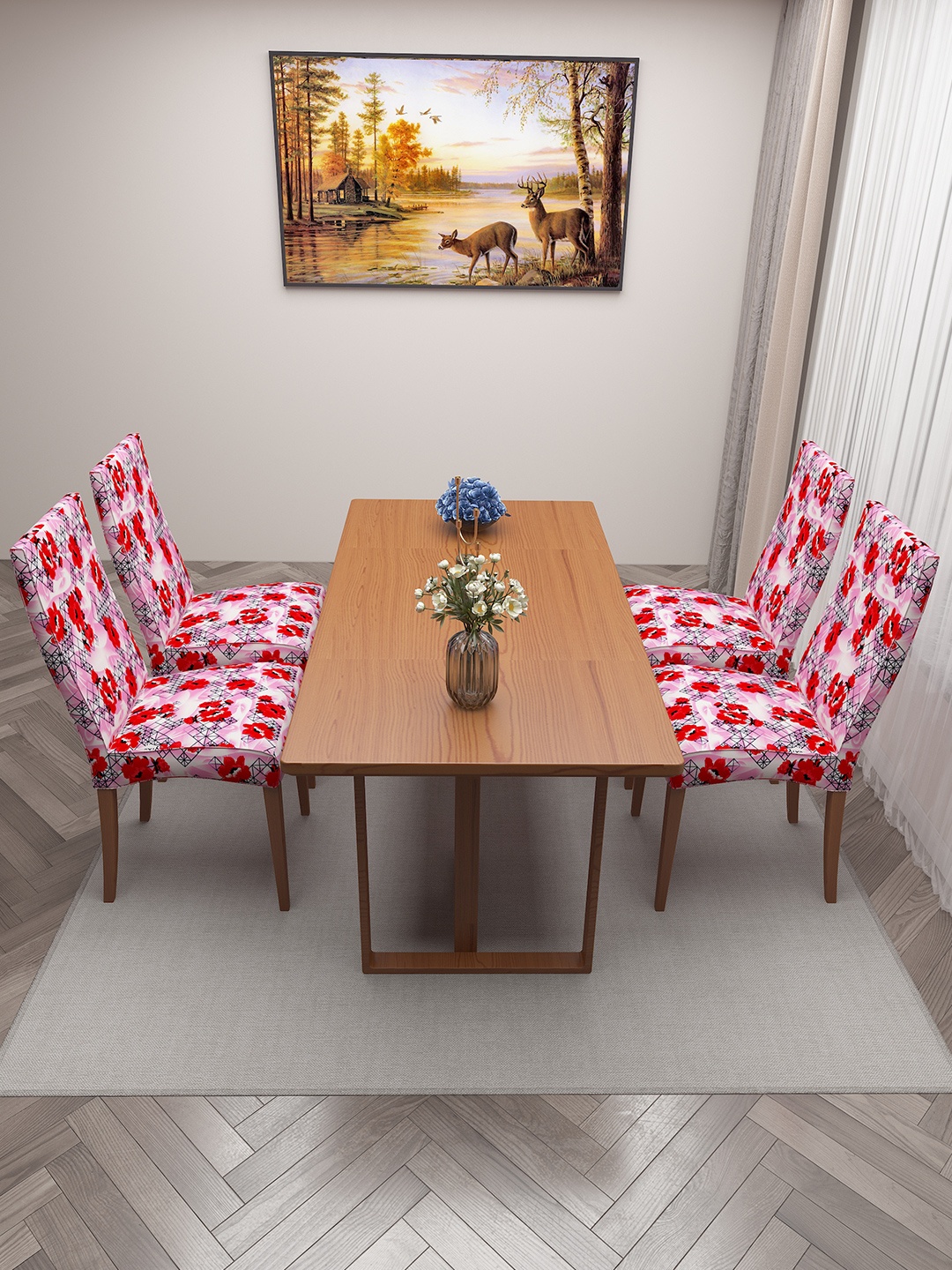 

DREAM CARE White & Pink 4 Pieces Printed Chair Covers
