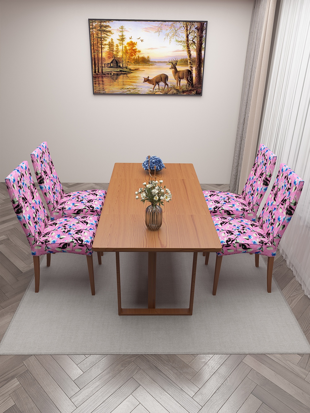 

DREAM CARE Pink & White 4 Pieces Printed Chair Covers