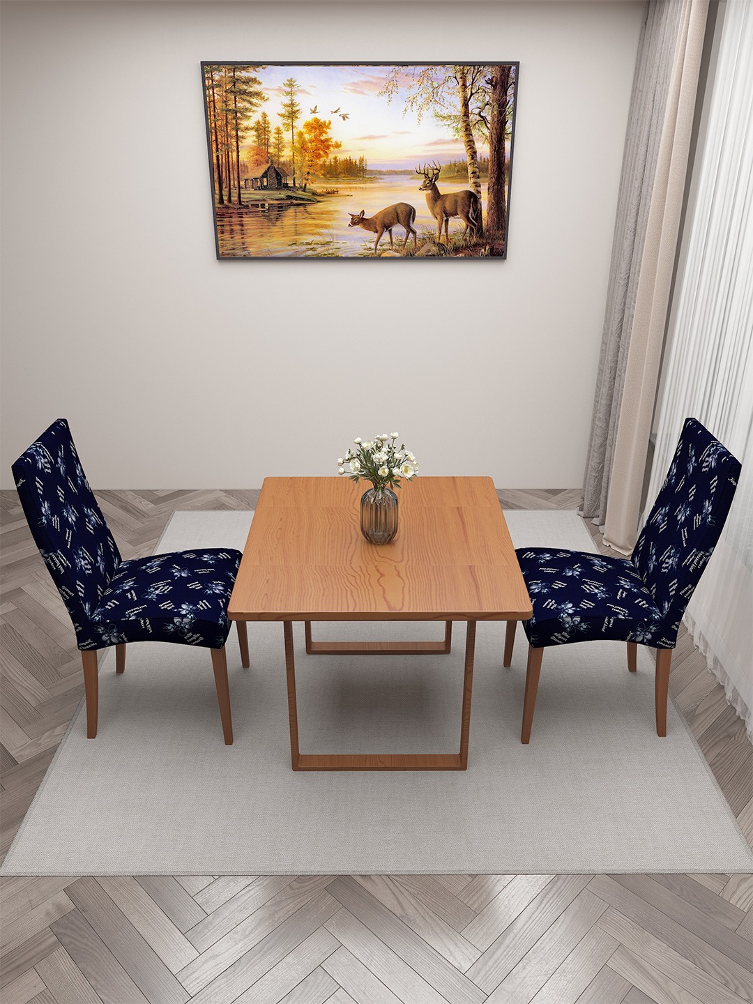 

DREAM CARE Navy Blue and White 2 Pieces Printed Chair Covers