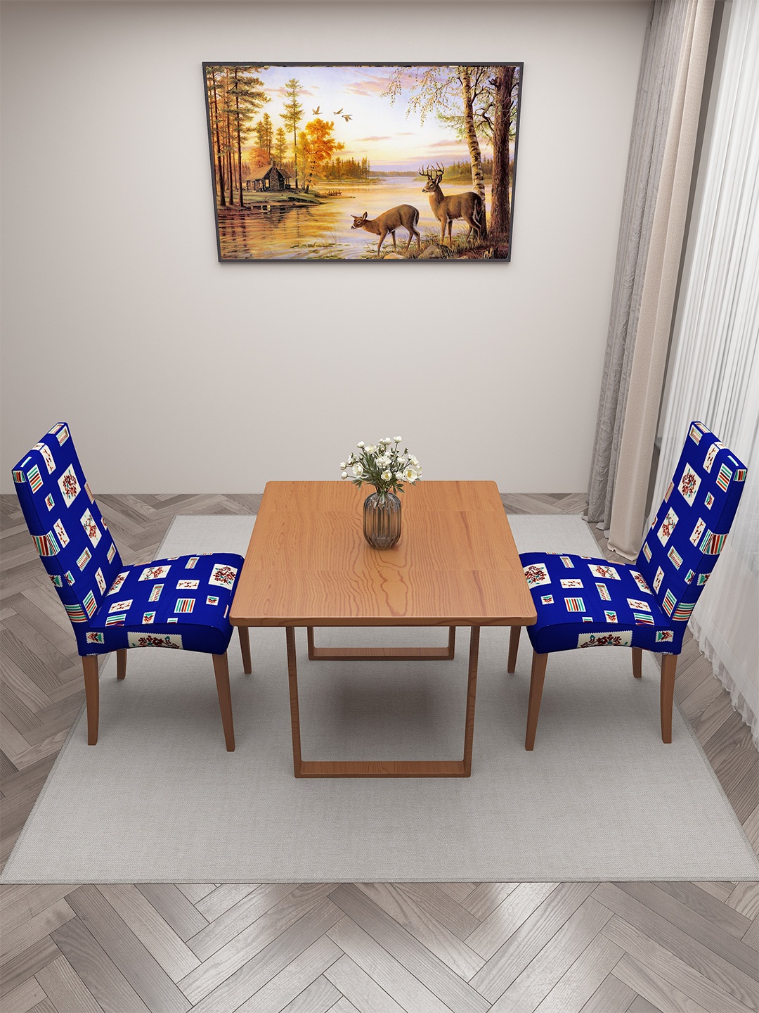 

DREAM CARE Blue & Beige 2 Pieces Printed Chair Covers