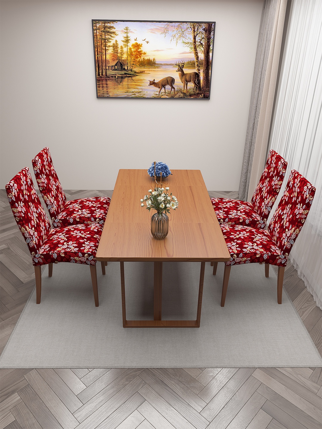 

DREAM CARE 4 Pcs Red & White Floral Printed Stretchable Chair Covers