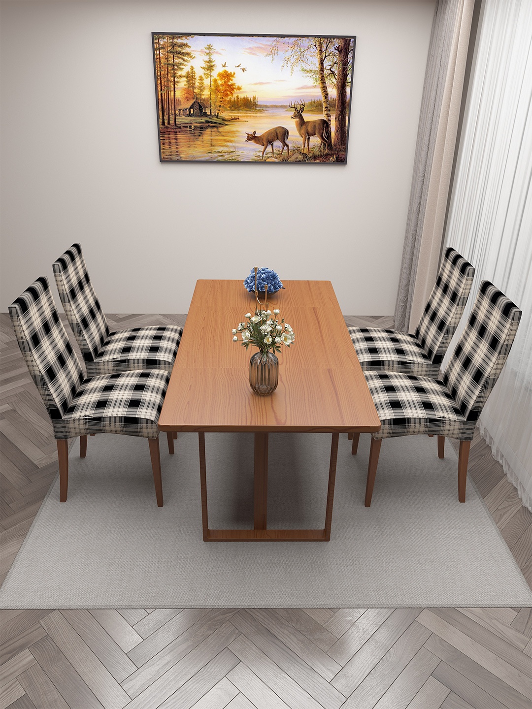 

DREAM CARE Black & White 4 Pieces Checked Stretchable Chair Covers